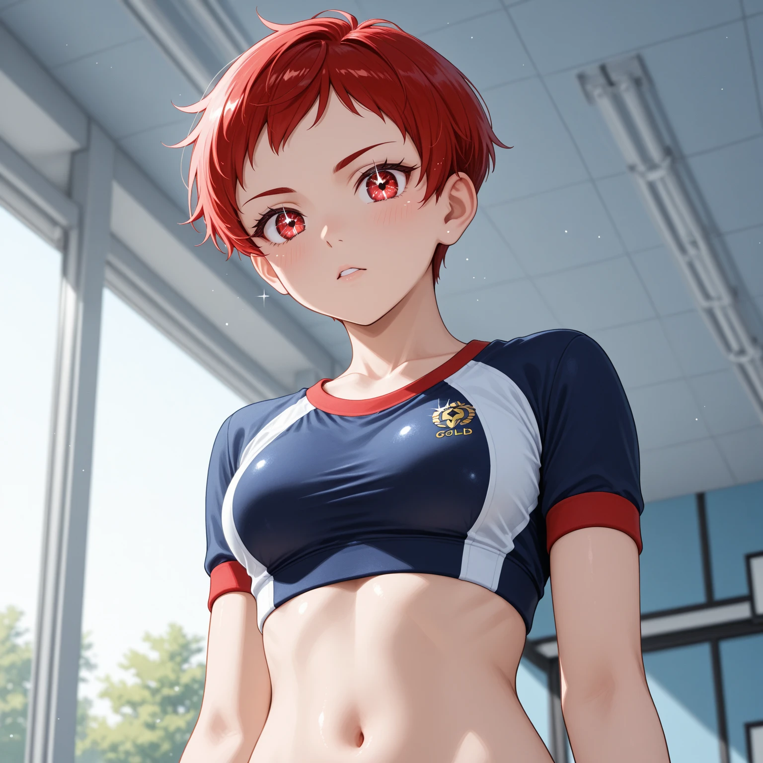 locker room、No background、Standing posture、Track and field athlete、Athletics Stadium、athlete、(1 female)、(Red hair、Short Hair、Shaggy Hair)、(Sleeveless track uniform、Racing Bloomer)、Ultra-detailed illustrations、Ultra-precision performance、masterpiece、Highest quality、超High resolution、High resolution、((Embarrassed expression、Sweat、body fluid))、Mommyfy、