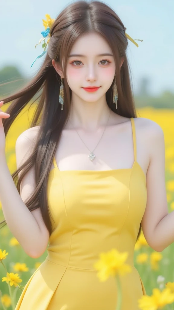 play sports often, (long sleeve yellow dress:1.2), No panties, (Cyberpunk settings: 1.2), compensate,, (1 girl: 1.4), highest quality, masterpiece, (reality: 1.2), young woman, lady, detailed face, fine eyes, fine hair, fine skin, looking at the viewer, dramatic, vibrant, sharp focus, 50mm, f1.2, EOS R8, (3/4 body: 1.2), (bare shoulders:1.4), (With Zhuhua Street in the background: 1.6), (highest qualityの詳細: 1.2), 8K HD,(walk:1.2),