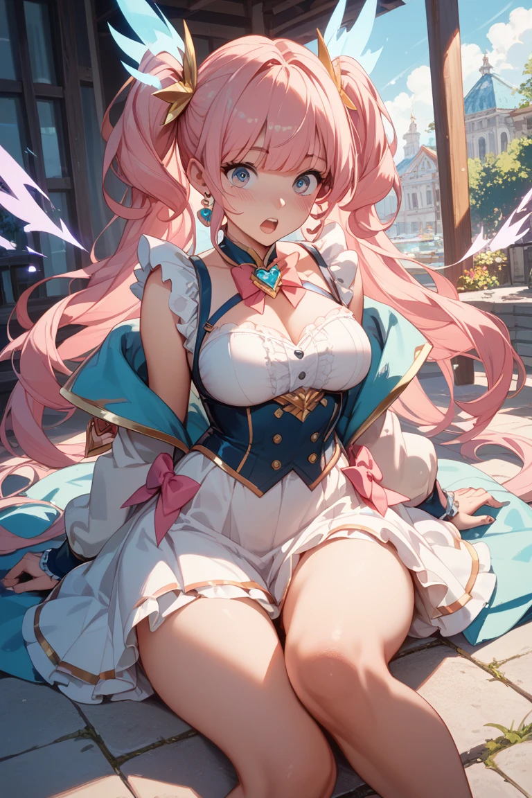 (masterpiece), best quality, expressive eyes, perfect face,(((1 girl))),((pink and blue medieval european dress:1.3,black skirt:1.3)),(huge breasts),(thigh gap:1.5),(calico cat ears:1.2),(cat tail:1.4),tavern,hand on own chest,thighboots,((pink hair)),wavy hair,cleavage,looking at viewer,smiles, eyeshadows, eye liner,glistening eyes, hyper detailed eyes, intricate eyes, beautiful eye, ((glowing blue pupils))、smilling face,(black stockings),standing,seductive pose