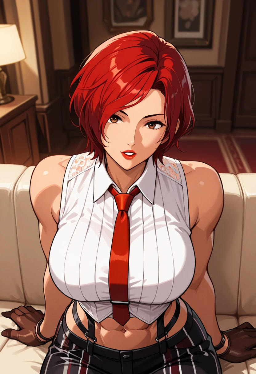  1girl, solo, mole above mouth, earrings, red eyes, jewelry, makeup,  looking at viewer, necktie, red hair, blurry, food, red necktie, stud earrings, mole, blurry background, red lips, nose, day, shirt, upper body, lips, mouth hold, eyeshadow, depth of field, short hair, outdoors, medium hair, big breasts, fat breasts, thick thighs, best quality:1.3), (4K quality) ((detailed face)),((smile)), ((curvy body)), (big breasts), sexy, (( cut hair )),  ((blue sky)), ((leaning forward)), looking at viewer, necktie, white hair, asymmetrical hair, blurry
