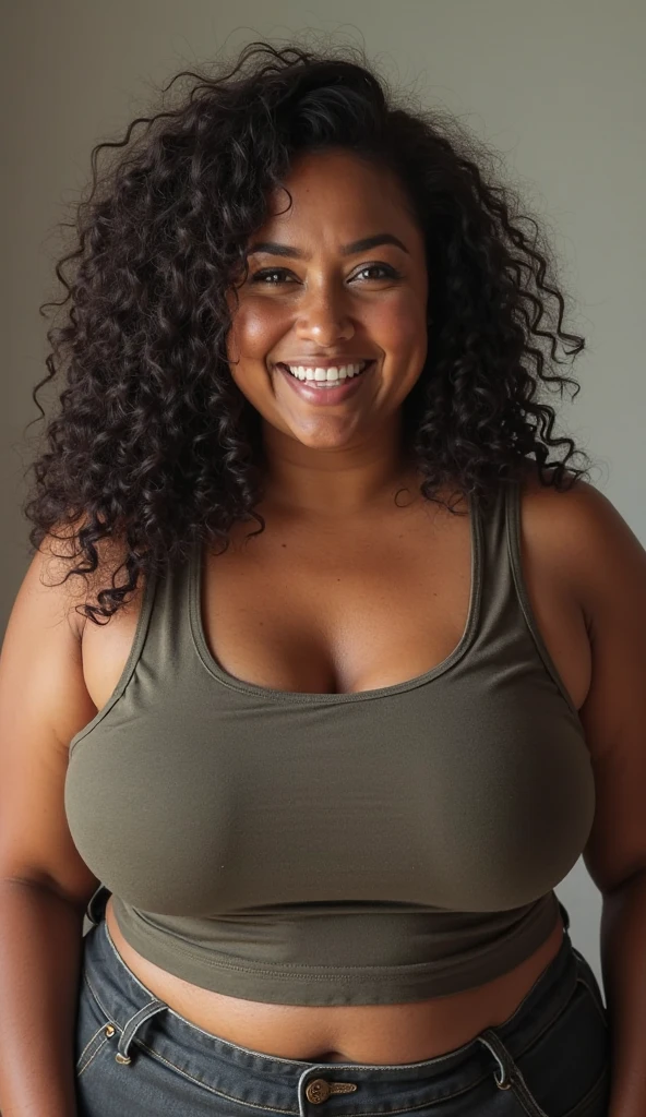 Fat woman with curly hair with bangs on her forehead