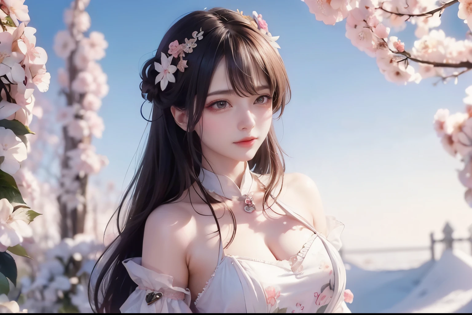 (8k, RAW photo:1.2), best quality, ultra high res,dramatic angle,(fluttered detailed color splashs), (illustration),(((1 girl))),(long hair),(rain:0.9), (Headdress:1.4),There is an ancient palace beside the girl,Hanfu,(Key Points),Color ink painting,(Splash of Color),Splash of Color,(((colorful))),(sketch:0.8) , Masterpiece, best quality, beautiful painted, highly detailed,(denoising:0.6),[splash ink],((ink refraction)), (beautiful detailed sky),moon,highly,detaild,(masterpiece, best quality, extremely detailed） CG Unity 8k Wallpaper，masterpiece，best quality，Ultra Detailed），（Lycoris）. hanfu open v   open V-chested clothes Thin silk lace dress , (huge ，cleavage),, white pink, blue ，best qualtiy，tmasterpiece，Ultra-high resolution，（Reality：1.4），RAW photogr，（True skin texture：1.3），（filmgrain：1.3），（Selfie angle），1个Giant Breast Girl，Beautiful eye and face details，tmasterpiece，Best quality at best，，The chest more exposed， detailed hair, bra pink , detail 8k, upper body, lace petticoat