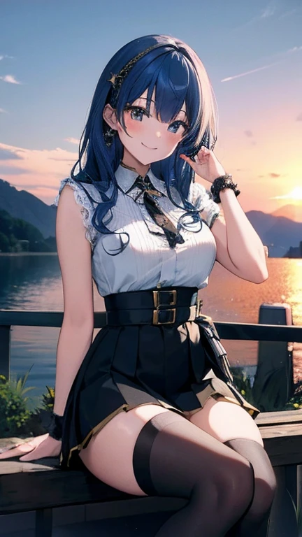 jade\(azur lane\), hair bun,,uniform,skirt,hat,white_gloves,looking at viewer,outdoors, smile, sitting,, masterpiece, best quality, extremely detailed face, sharp details, high contrast,