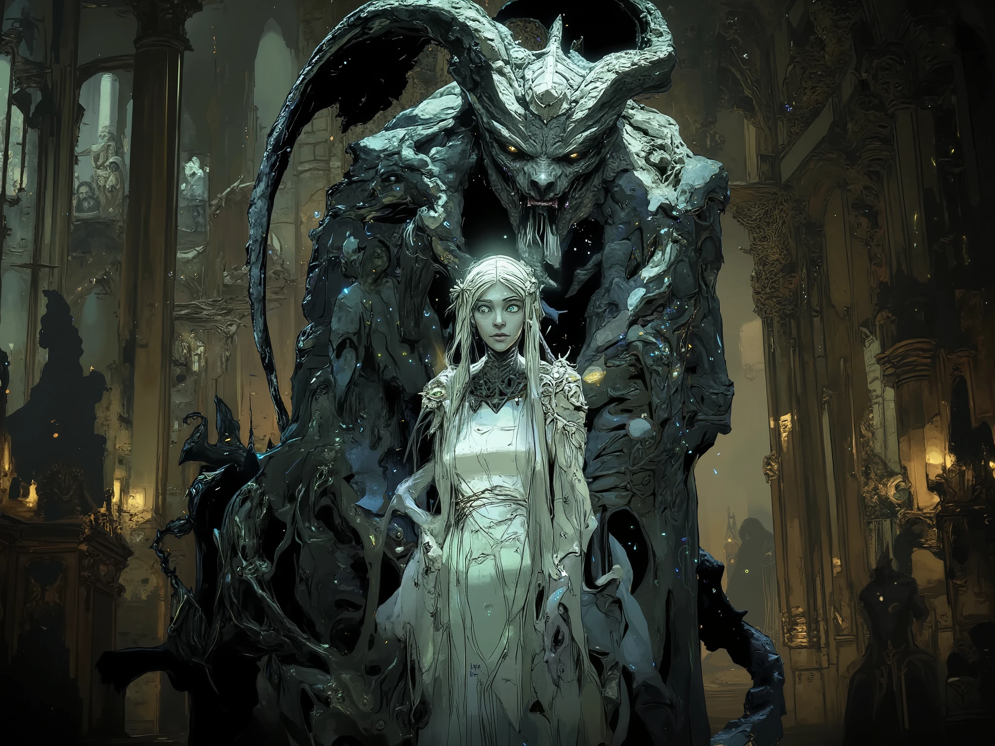 The silvermist ghost of a beautiful girl and the black bone dragon protecting her at night in the ruins of a church