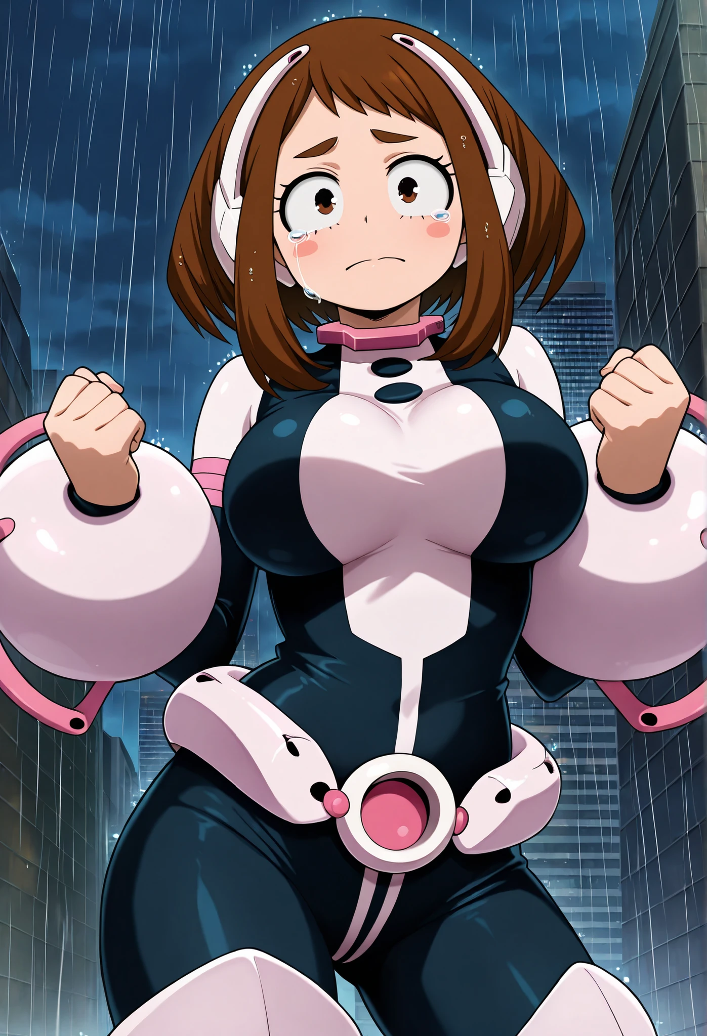 official style, anime screencap, uraraka ochako, 1girl, brown hair, brown eyes, solo, superhero, hero bodysuit, pink wrist guards, closed mouth, contrapposto, extra large breasts, (F75), looking at viewer, Sexy style, Sexy pose, seductive look, Standing on the roof of a skyscraper, Sunny day, Tears her suit with her hands at the level of her breasts, Looks shy, Red cheeks with embarrassment, night, rain,