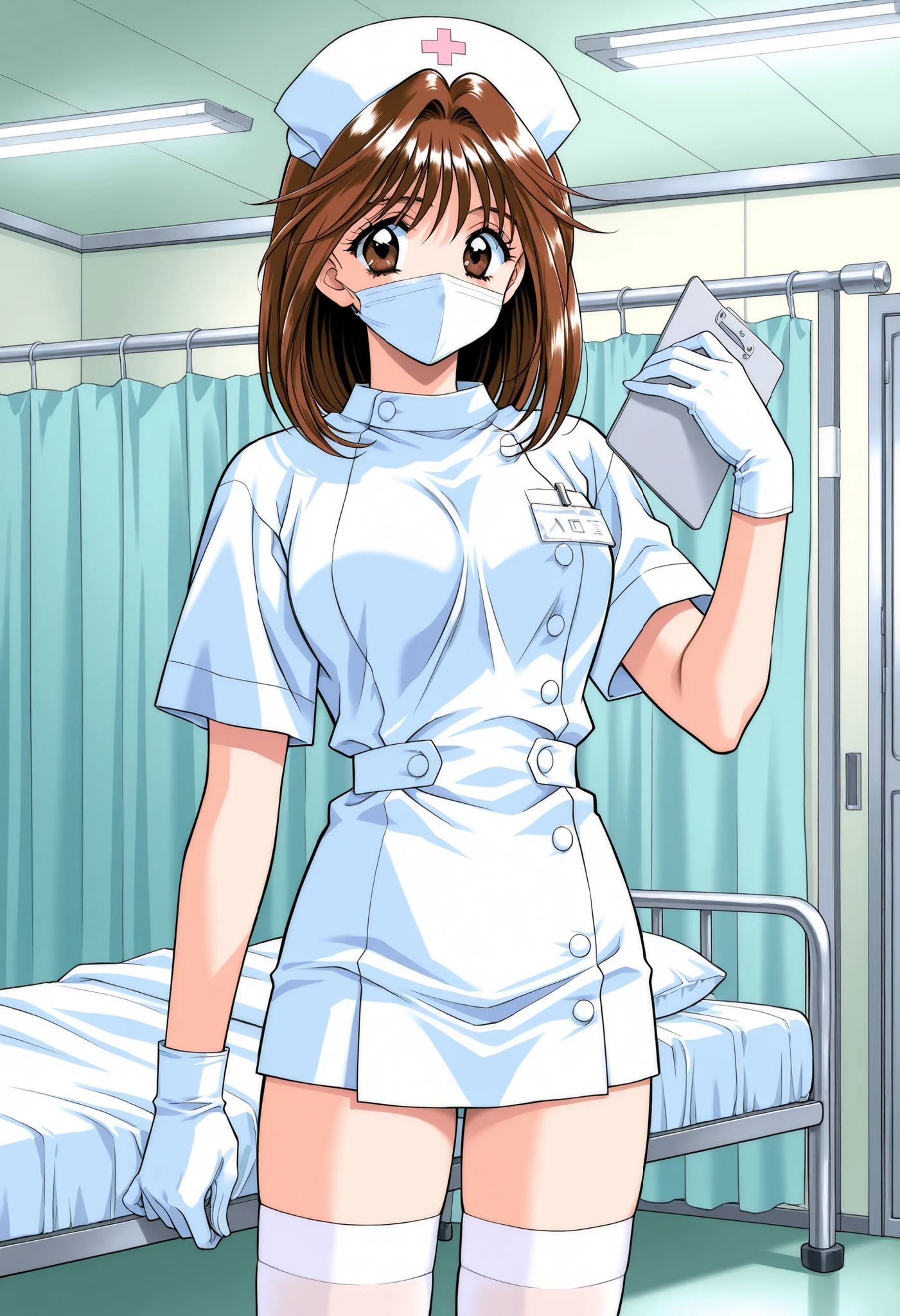 Score_9, score_8_up, score_7_up, source_anime, MochidaMahoko, solo, brown hair, brown eyes, medium hair, breasts, 1990s (style), kadoi aya style, (best quality), (high quality), {masterpiece}, extremely delicate and beautiful, ultra-detailed, beautiful detailed eyes, nurse, nurse hat, ((white nurse's outfit)), white gloves, white thighhighs, hospital room, ((white mask, mouth mask, covered nose)), standing