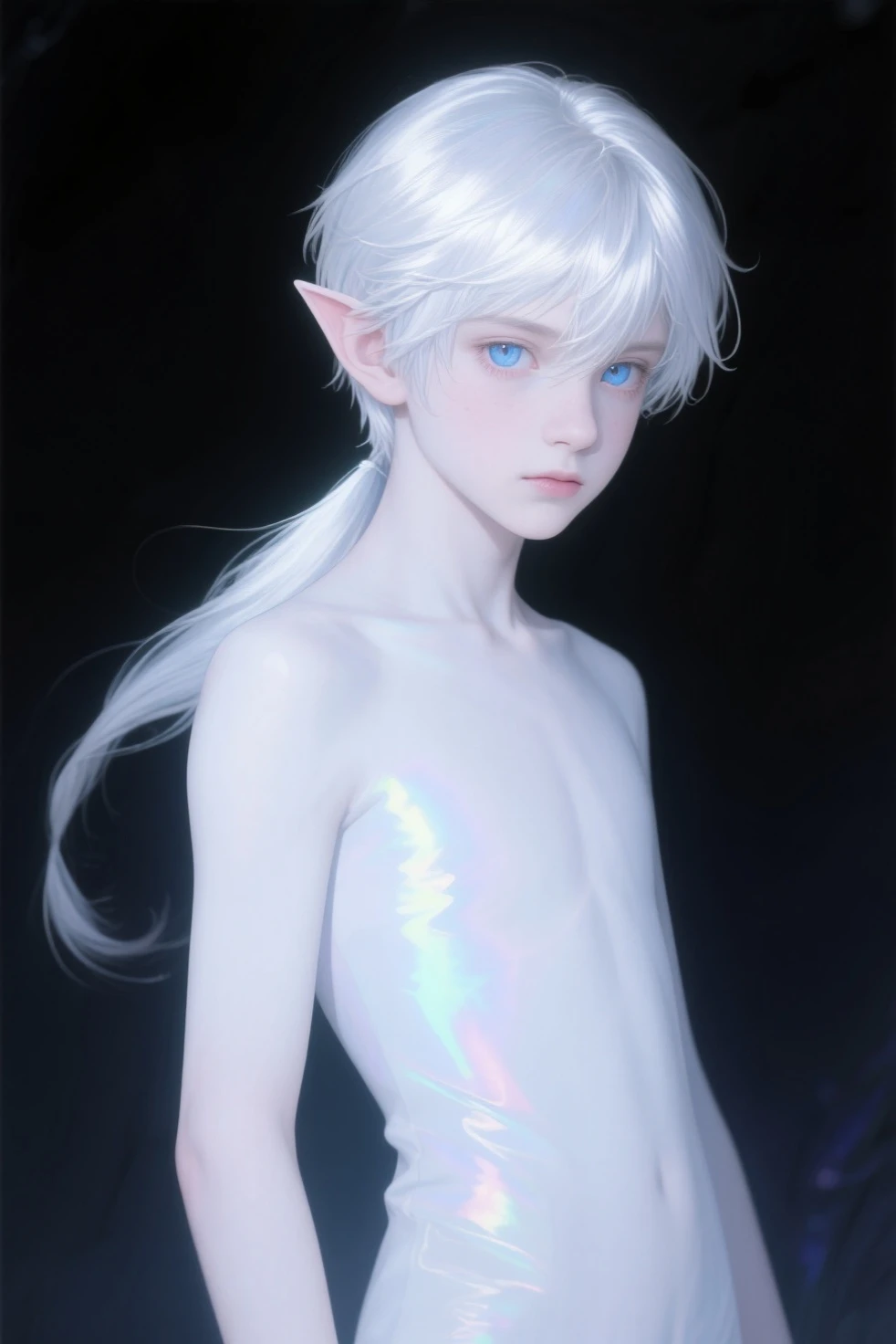 Young Male with white long poofy hair and yellow eyes, cute, dragon horns, beautiful yellow eyes, femine face, femboy, gay, femine body, pure, soft body