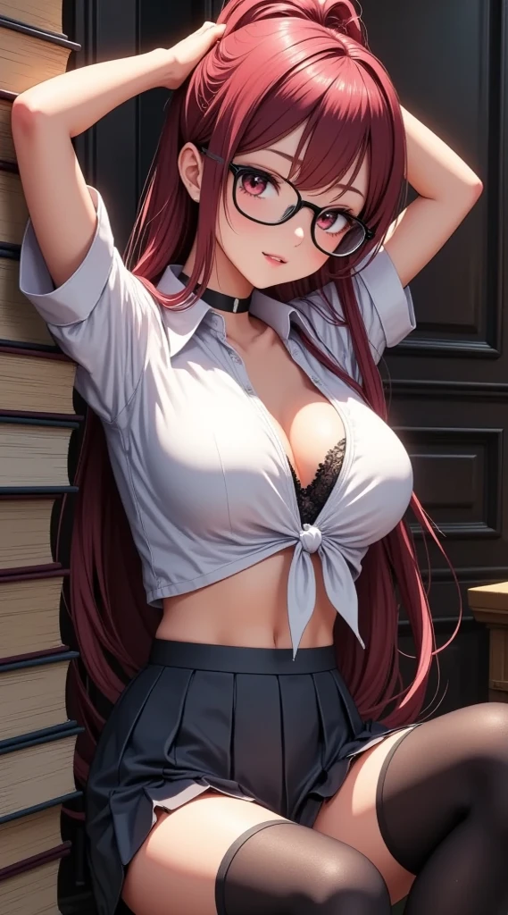 anime girl with glasses and red hair sitting on a bed, seductive anime girl, with glasses, (anime girl), anime girl, attractive anime girl, oppai, with glasses on, marin kitagawa fanart, pretty anime girl, beautiful anime girl, anime girls, cute anime girl, rias gremory, anime best girl, an anime girl, ecchi anime style, pussy tits