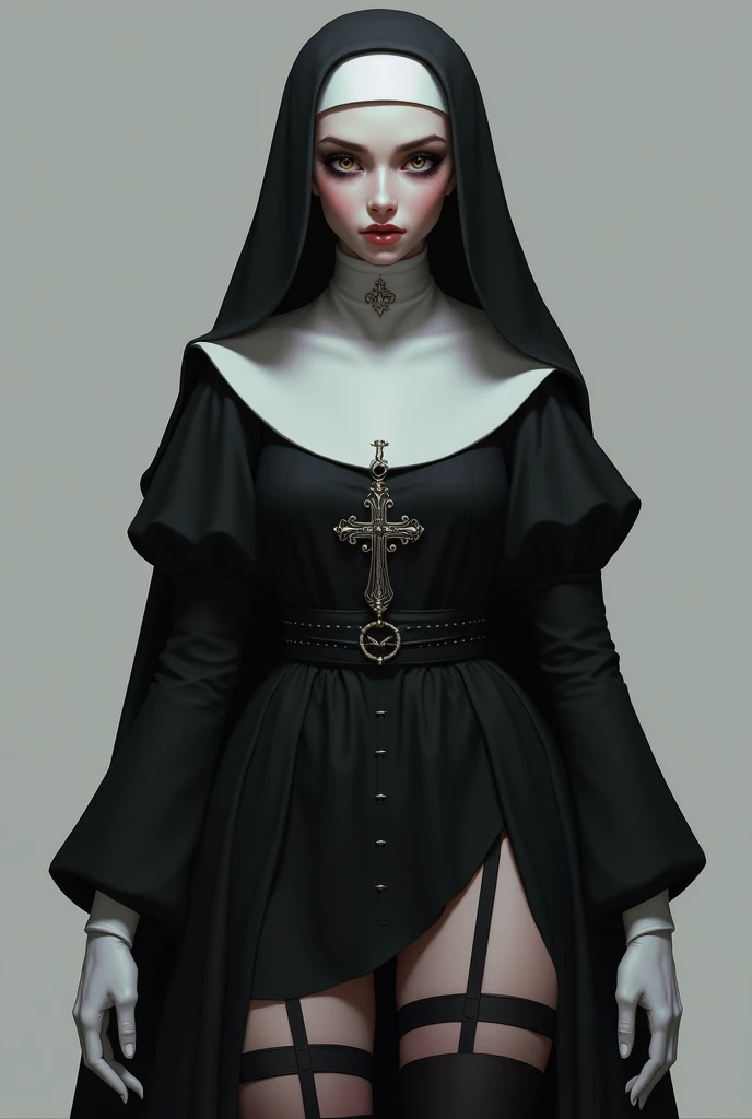 a sexy nun, detailed face, long eyelashes, beautiful lips, nun outfit, veil, cross necklace, standing in a dark church interior, dramatic lighting, cinematic composition, dark moody colors, gothic atmosphere, (best quality,4k,8k,highres,masterpiece:1.2),ultra-detailed,(realistic,photorealistic,photo-realistic:1.37)