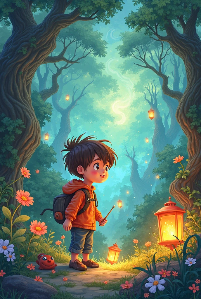 A youtube thumbnail For a story name a megical lantern and boy named toby in a landescape mode