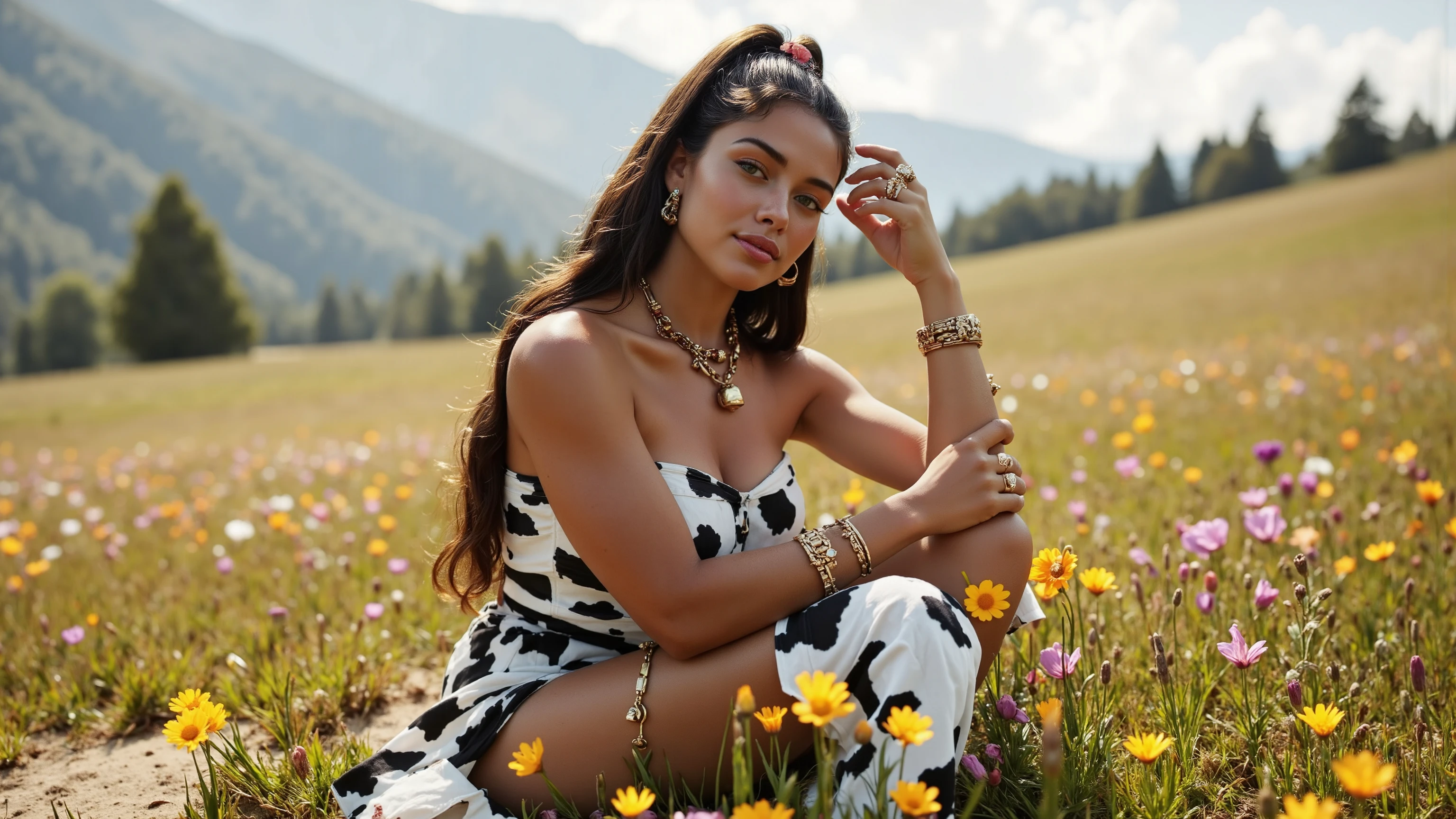 Full body photo, from head to toes, of a sultry gorgeous African young woman, muscular and voluptuous, posing on a flower field at the Alps. Her beautiful long hair is styled in a high ponytail. She has muscular thick thighs, wide hips, perky fit plump ass, slender waist, well defined body, well defined muscles, huge perky breasts. She has extremely detailed realistic natural skin with skin pores, shiny skin, perfect skin, perfect face, perfect hands, perfect eyes, ultra detailed body, ultra detailed face, ultra detailed feet, ultra detailed hands, desire, provocative, excitement. She wears a sexy, tight, cow printed strapless summer dress (showing skin indentation), spring pumps, makeup, lipstick, and intricate jewellery: a slave collar with a cowbell, bracelets, armlets, earrings, and rings. windy spring day, blue sky, nature, panorama, landscape, harsh sun and shadows, ray tracing, UHD, HDR, 16K, DSLR, photorealistic, masterpiece, award-winning
