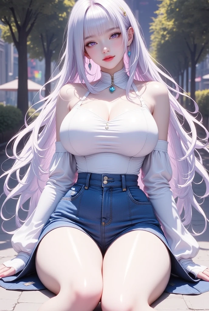 (best quality, 4k, 8k, highres, masterpiece:1.2), ultra-detailed, (realistic, photorealistic, photo-realistic:1.37), beautiful woman, demon horns, perfect slim fit body, (huge breasts), gorgeous eyes, designer printed blouse, jeans, city park, late afternoon