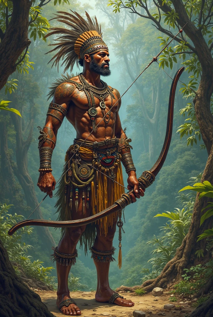 Oxossi with bow and arrow standing with headdress







