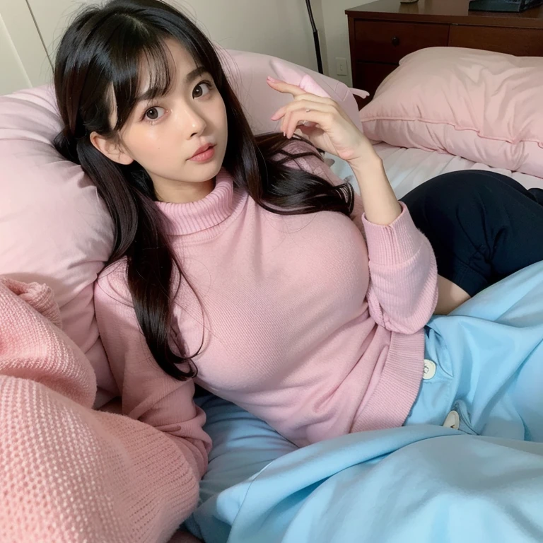 Alafe sitting on bed wearing sweater, colorful pastel, cute colorful adorable, ulzzangs, wearing pajama, wearing a baggy pajamas, lofi-girl, tzuyu from twice, soft cute colors, colorful pastel, Colorful mood, young and cute girl, pastel colors only, in pastel colors, pastel color, Bright pastel colors、Pastel and fluffy room、Pastel bed、