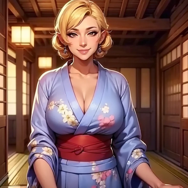 1 female with blonde ponytail, beautiful detailed eyes, blue eyes, wearing pink and white patterned kimono. Sitting at a table with Tarot cards and crystal ball, enormous boobs, large breasts, (CLEAVAGE), candles, loose open kimono
