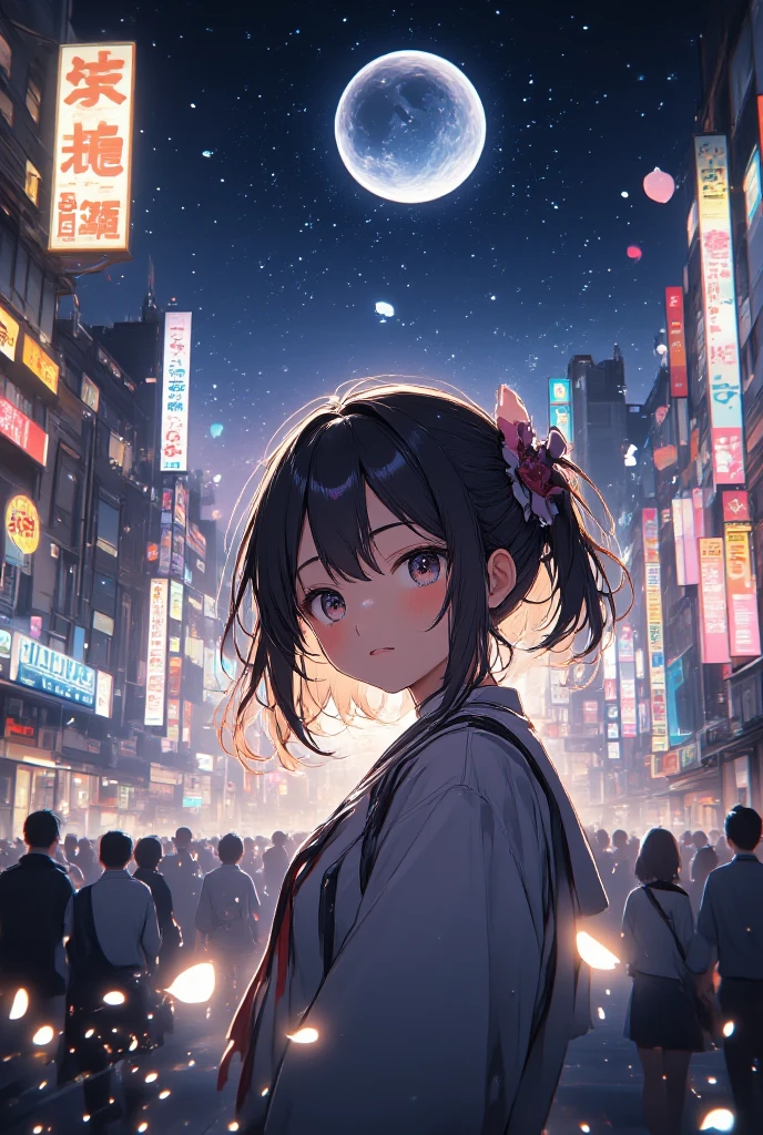 ((rooftop pool)), ((aerial fireworks)), taipei_101, skyscraper, 1girl, brown hair, side ponytail, parted lips, slim figure, red bikini, hair flower, partially submerged in water, swimming, city, sky, cityscape, skyline, horizon, night, night sky, city lights, scenery, outdoors, from below, <lora:girllikerooftoppool:0.9>