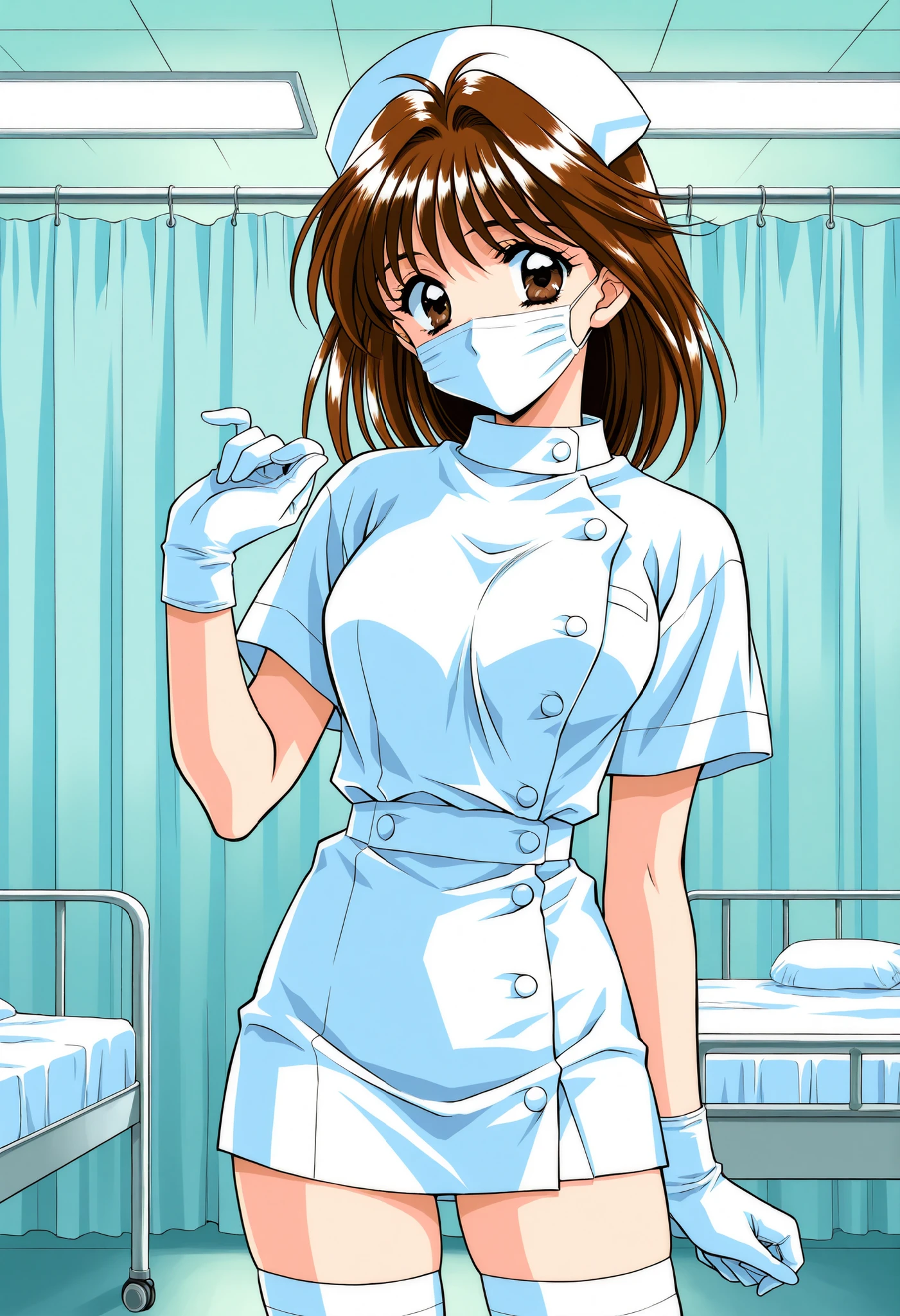Score_9, score_8_up, score_7_up, source_anime, MochidaMahoko, solo, brown hair, brown eyes, medium hair, breasts, 1990s (style), kadoi aya style, (best quality), (high quality), {masterpiece}, extremely delicate and beautiful, ultra-detailed, beautiful detailed eyes, nurse, nurse hat, ((white nurse's outfit)), white gloves, white thighhighs, hospital room, ((white mask, mouth mask, covered nose)), standing