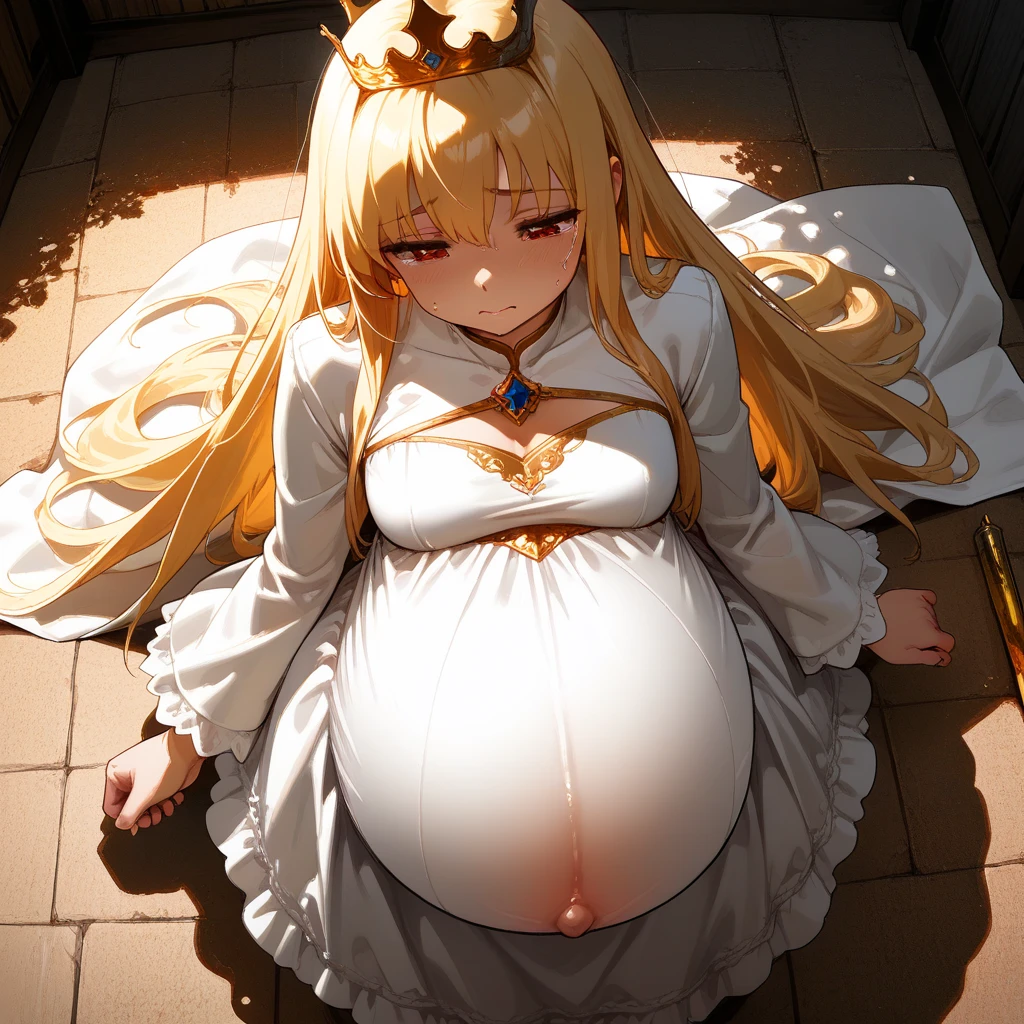 Very Pregnant Princess, Elegant White Dress With Golden Details, Tiara