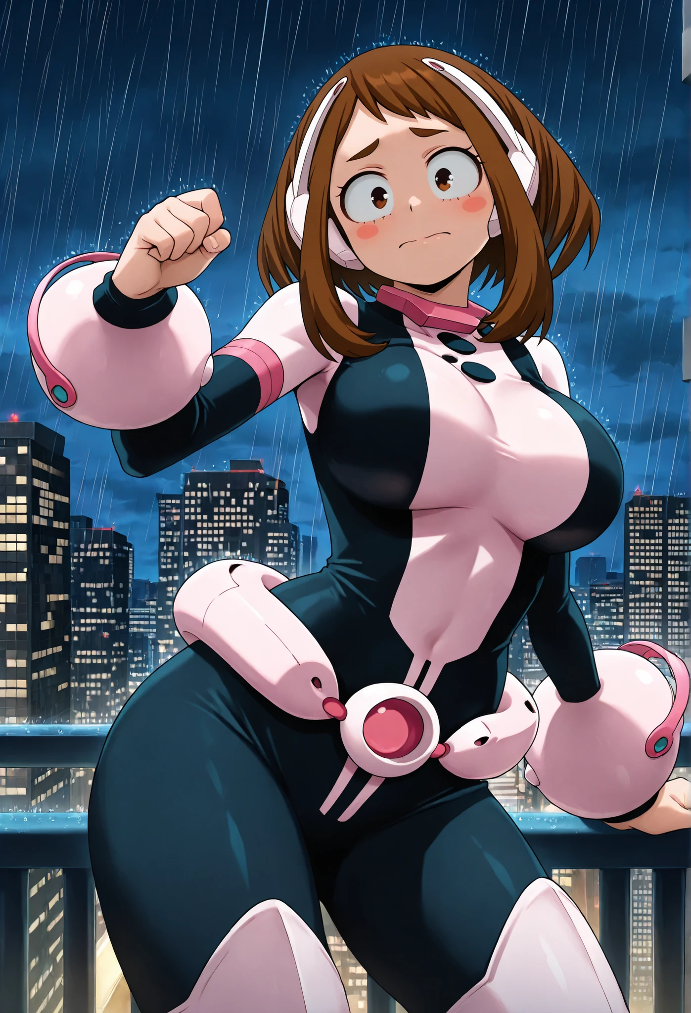 official style, anime screencap, uraraka ochako, 1girl, brown hair, brown eyes, solo, superhero, hero bodysuit, pink wrist guards, closed mouth, contrapposto, extra large breasts, (F75), looking at viewer, Sexy style, Sexy pose, seductive look, Standing on the roof of a skyscraper, Looks embarrassed and in love at the viewer, cheeks flushed with charm, night, rain, The metropolis illuminated at night, In the background the city illuminated at night, Sexy leans on the railing of the skyscraper,