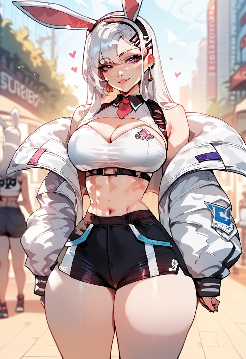 Bigboobs,Pink dots on the chest,cropped shoulders,White color hair,High ponytail,Stand up,sporty attire,camisole,Leakage out of the collarbone,Neck leakage,knee length socks,