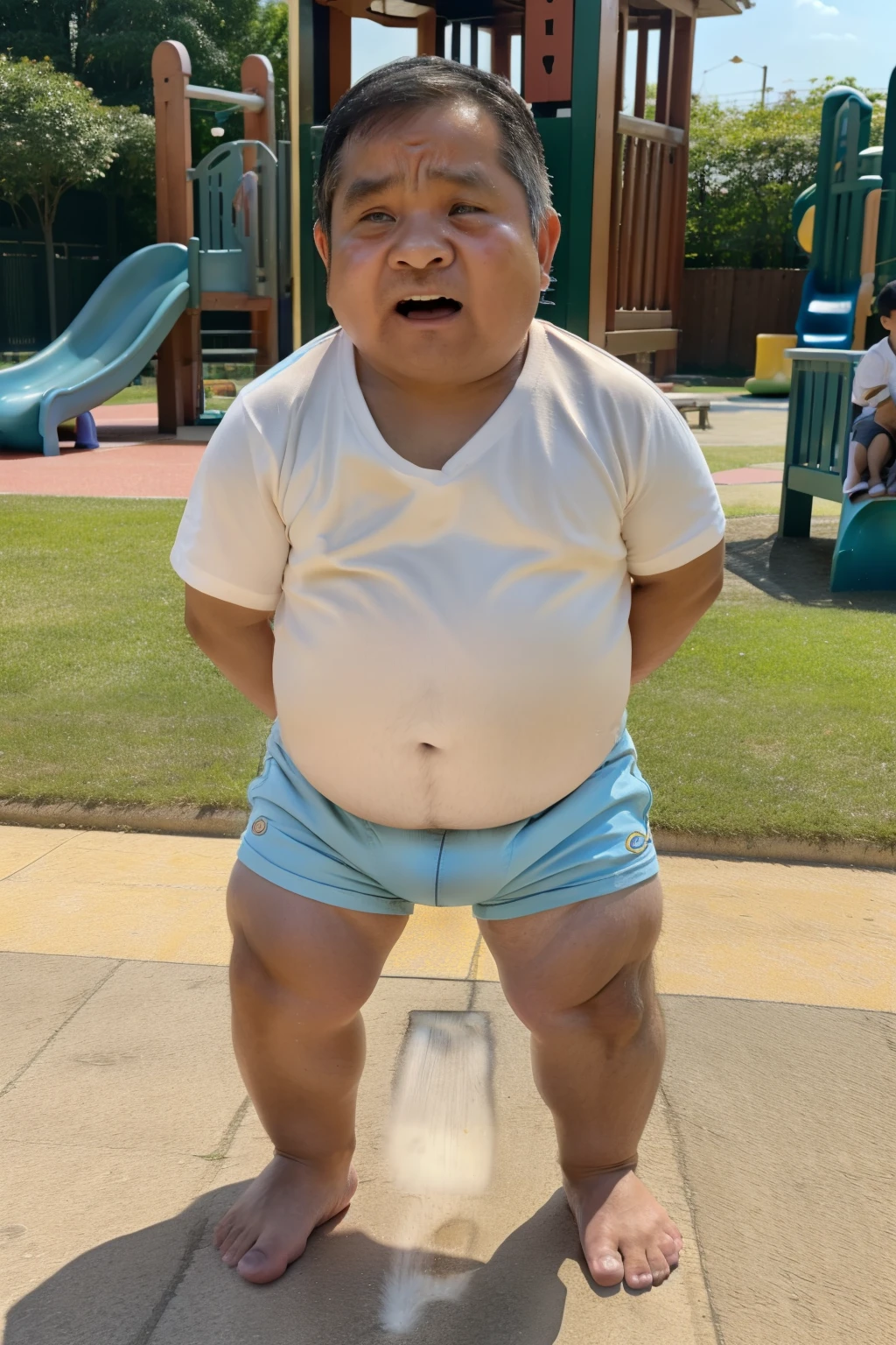 Draw a chubby cute boy,Stand in front of a hut in the snow。Goggles are worn on the forehead,Wear thick adventure clothing,The clothes are open to reveal the belly,Chubby 18 year old boy,The crotch protrudes,pupils,prominent pubis,Shy,The crotch protrudes,Protruding pubis,The crotch is raised