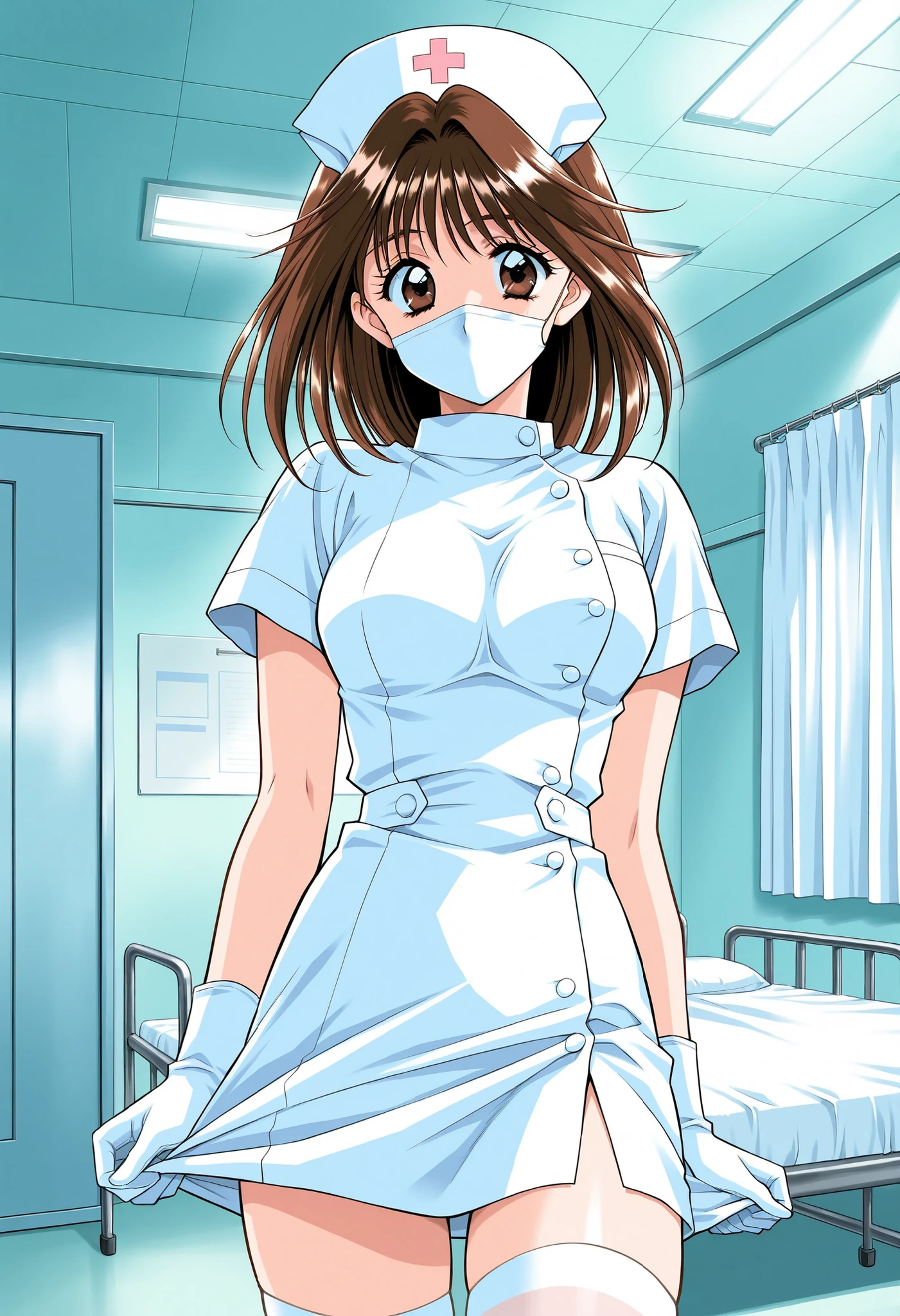 Score_9, score_8_up, score_7_up, source_anime, MochidaMahoko, solo, brown hair, brown eyes, medium hair, breasts, 1990s (style), kadoi aya style, (best quality), (high quality), {masterpiece}, extremely delicate and beautiful, ultra-detailed, beautiful detailed eyes, nurse, nurse hat, ((white nurse's outfit)), white gloves, white thighhighs, hospital room, ((white mask, mouth mask, covered nose)), standing