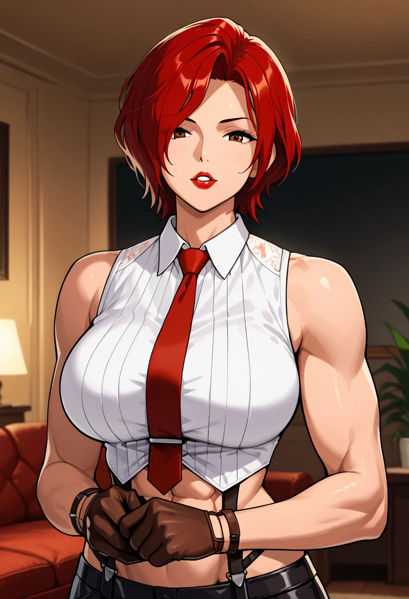 MILF BIMBO KNEELING RED short bob haircut hairband female wearing a pink pajamas, video games, pink outfit, tv, fluffy teddy bear toy 🧸 🐻, bed, white pillow, black gazed cross belt blindfold, bodybuilder abs toned, hands inside pockets