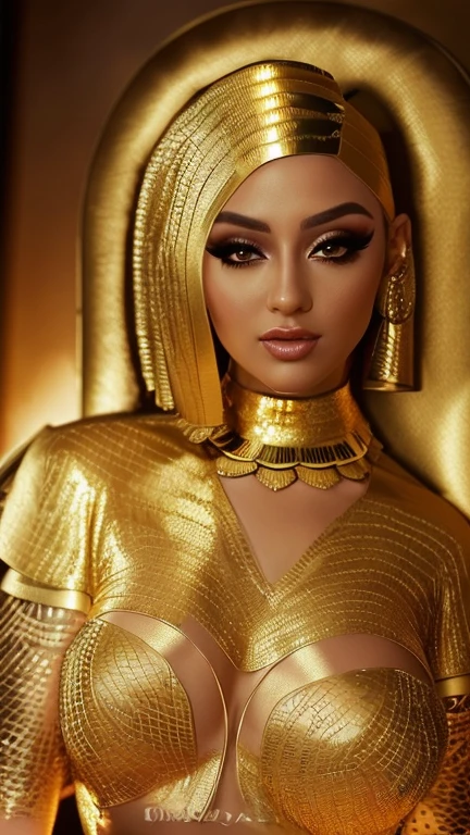 femme egyptienne, brune, perfect, in a golden Egyptian temple