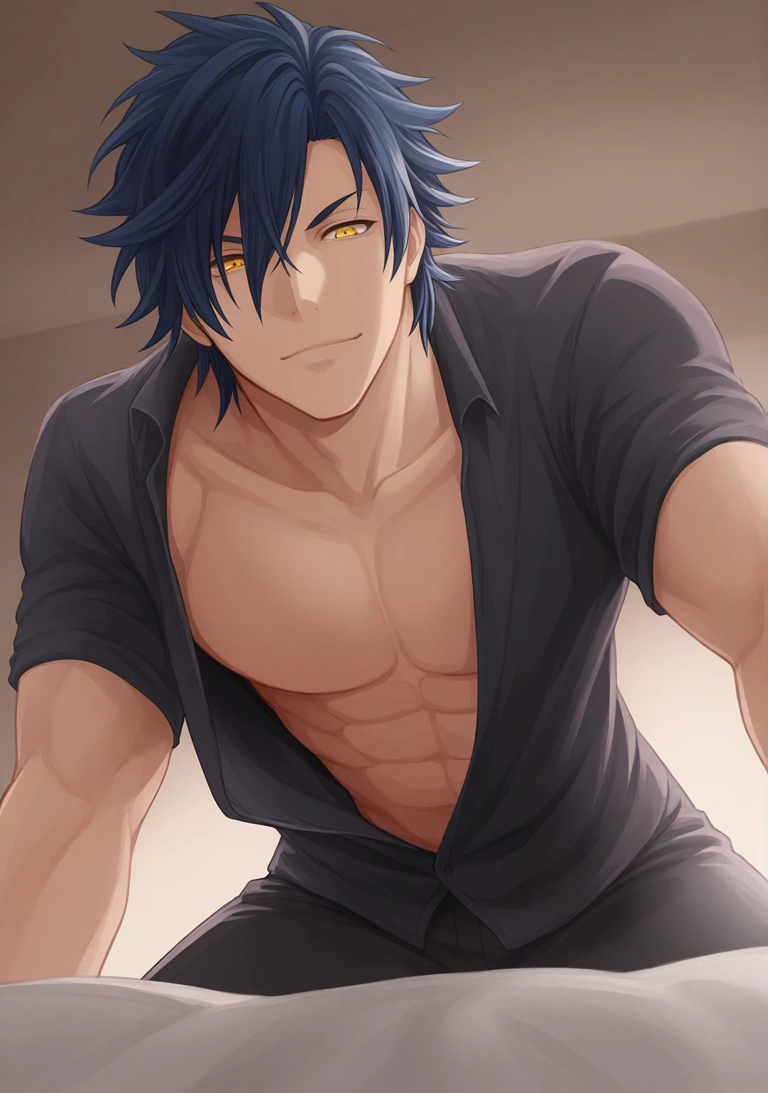 Muscular and sexy man flexing naked with dark skin looking at camera 2D anime illustration