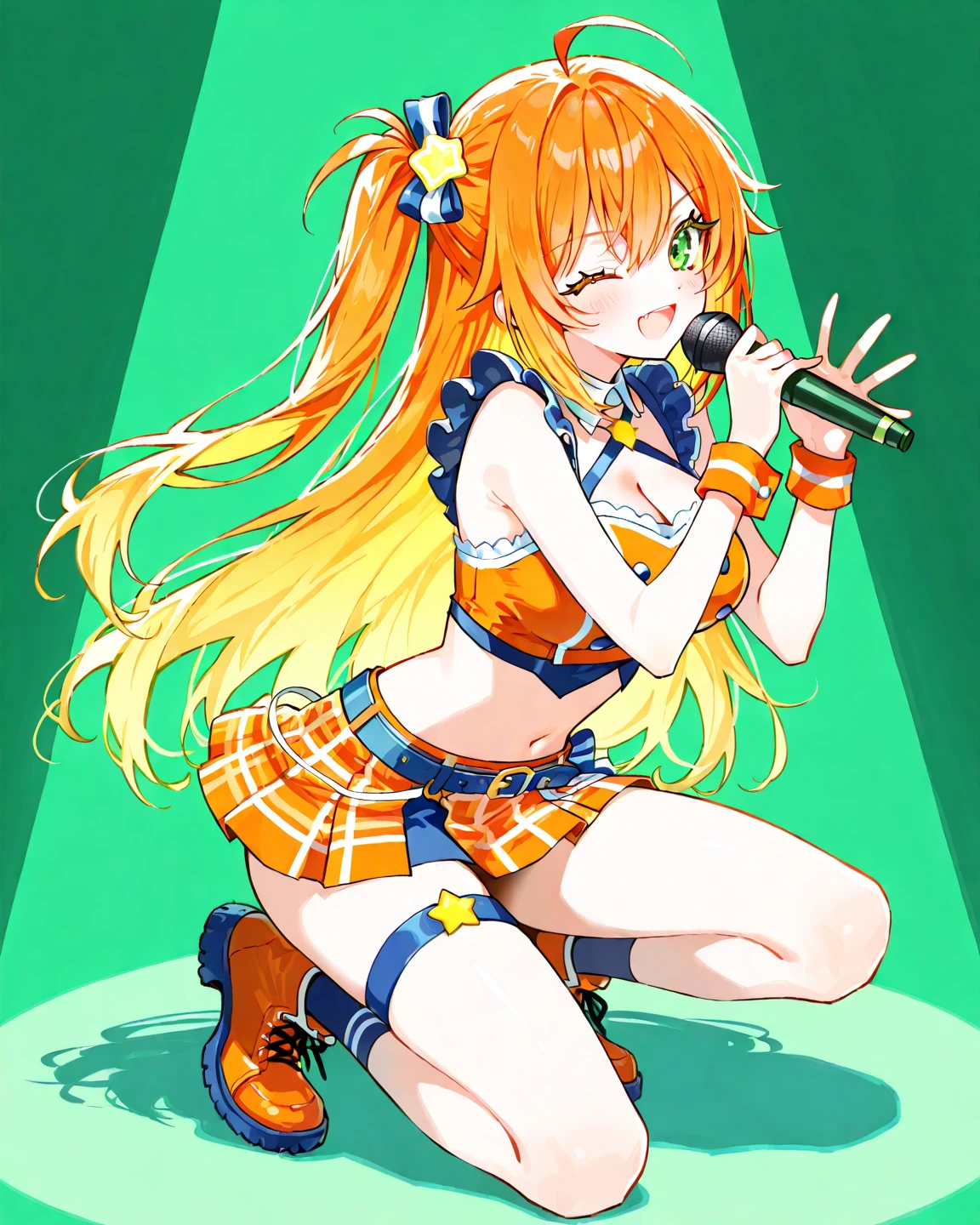 1girl, rainbow, waving, by b-ginga, realistic,anatomy, rainbow, breasts, rainbow, skirt, microphone