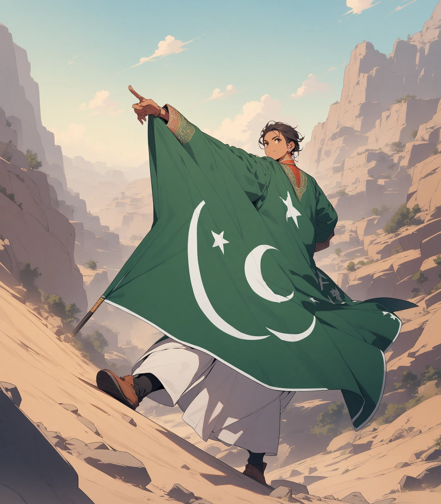 Create an image of Gojo holding flag of Pakistan