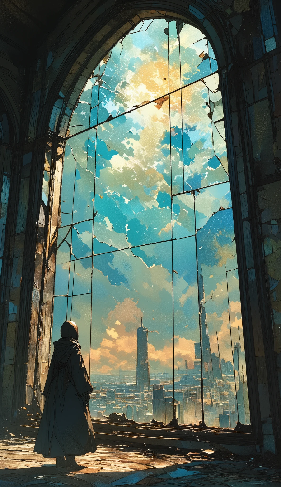 A broken sky is expressed in a large dirty glass window、