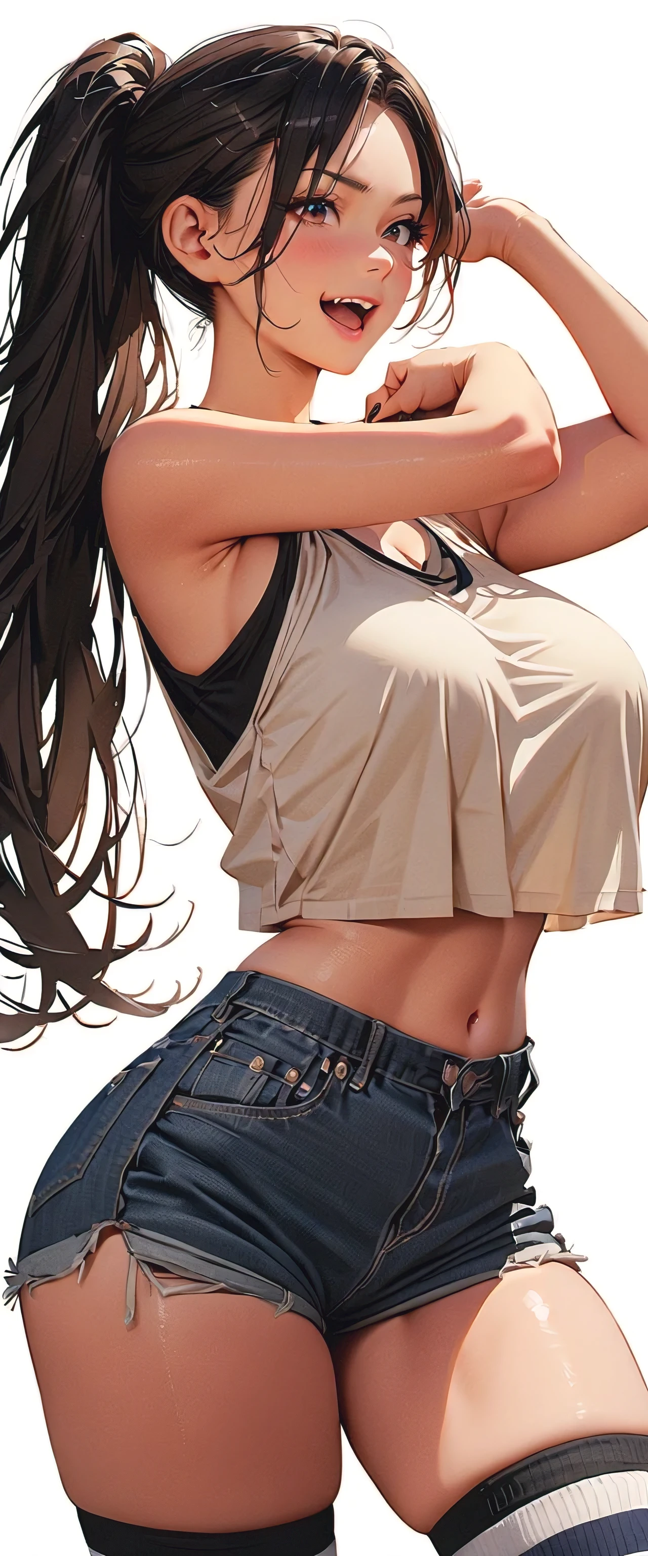 (masterpiece, best quality:1.2), 1girl, solo,standing_split,
long hair, White sleeveless tank top,blue denim shorts