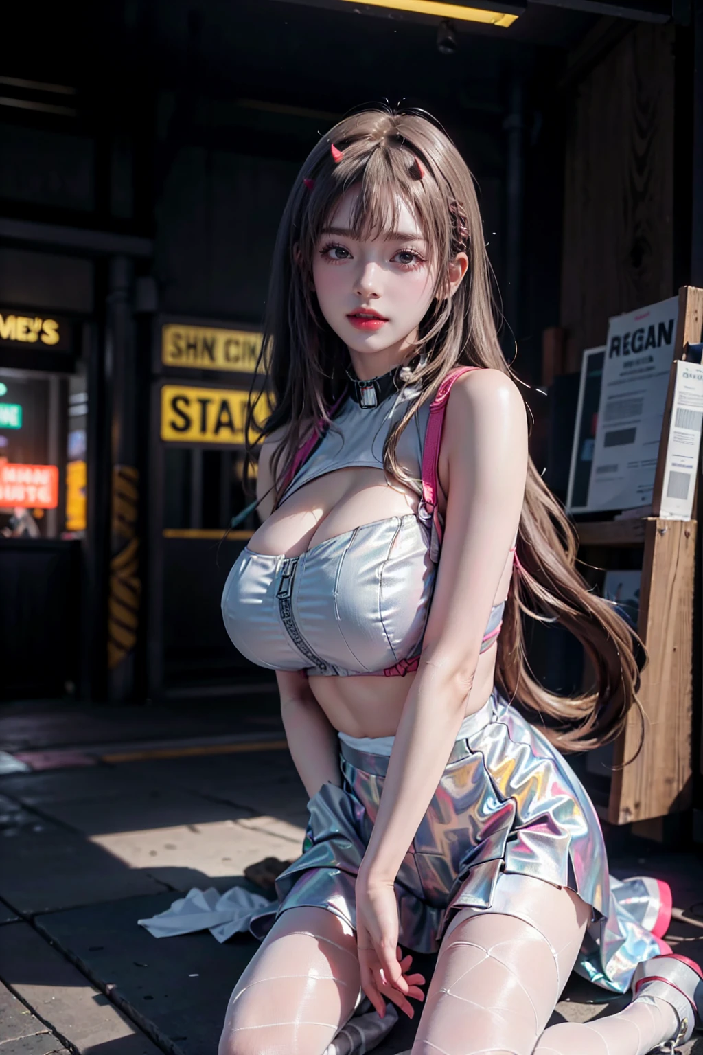 Very detailed、(8k、Highest quality、masterpiece:1.2)、(realism、Realistic:1.37)、Ultra-high resolution、Detailed face、(Highest quality)、(masterpiece)、Viper、Nod、Long Hair、floating hair 、whole body:1.5、((wearing Viper's suit、Viper's mini skirt))、Perfect breasts、Perfect tights、Perfect Hips、(((She sticks out her tongue:1.3、She stuck out her tongue)))、((In the Dark、night,Slum street、Slum:1.3、Dirty City:1.3、Midnight:1.3、Neon Light))、Seductive pose、standing、arms behind head 、haning a cellular phone 、cellular phone、Cute Face、Cute eyes、Half closed eyes、envy、Captivating eyes、smile