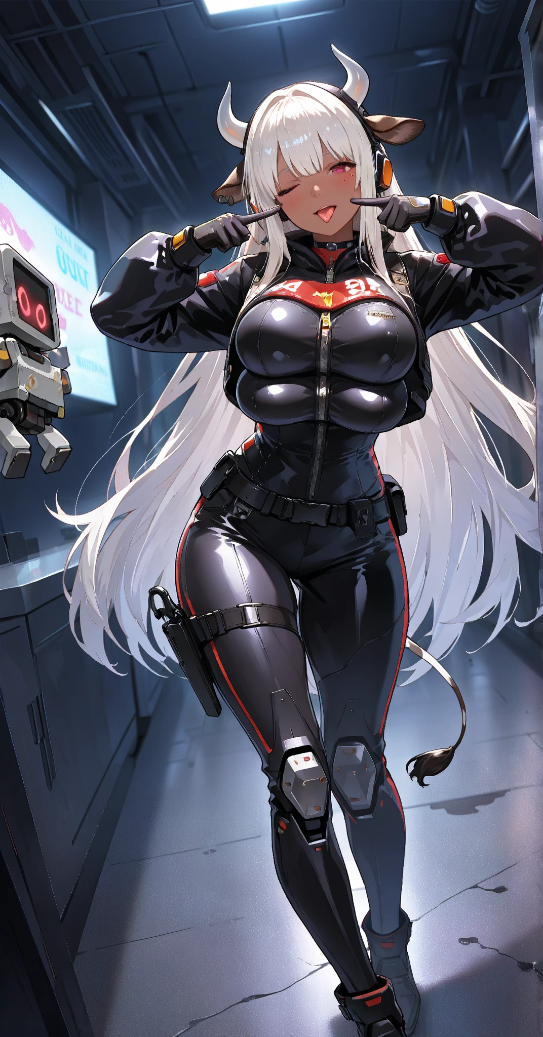 woman in muscular ai suit big tits metriod suit head helmet vison glasses advanced tech muscle legs large gun