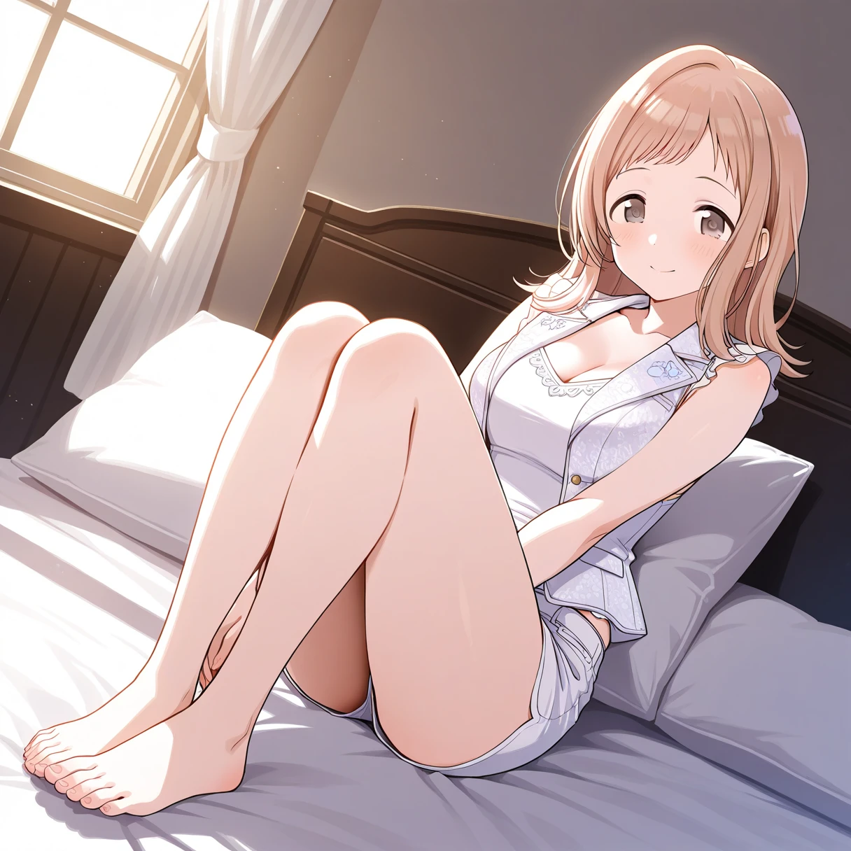 Golden hair、medium hair、brown eyes、Plain gray background、naked、beautiful girl、surprised face、sitting on a blanket、nsfw、