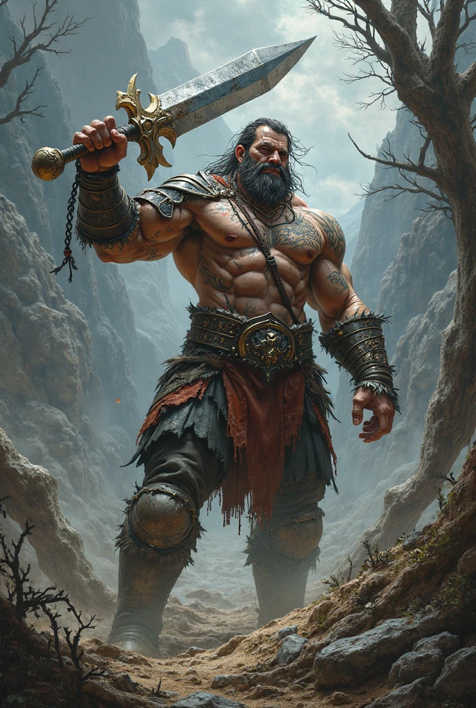 (Cinematic Photo:1.3) from (Ultra detailed:1.3) photo of the world's most beautiful artwork with smooth glossy, (((heroic epic epic fantasy rough wrinkled wet giant man villain goliath, wounded angry look with long black hair and long beard and fierce look in a dynamic posture, holding a spear, garments of centuries before Christ)), chest, Full face,(dark background:1.4) (realistic epic, HDR, intricate details, hyperdetailed, cinematic, rim light, muted: 1.5), ((fantastic location, majestic cluttered environment)), skin pores, very dark lighting, heavy shadows, detailed, detailed face, (realistic photo, dramatic, dark, sharp focus, 8k), (damaged damaged used old leather clothing:1.5), (intricate: 1.4), decadent, (highly detailed: 1.4), octane rendering, sharp focus, heavy rain, floating particles,(by artist Greg Rutkowski:1.3),Highly detailed,(Kinemacolor:1.3) --auto --s2