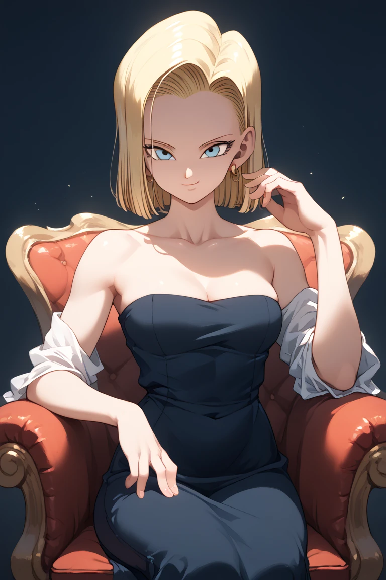 android18, 1girl, solo, looking at viewer, smile, short hair, closed mouth, blue eyes, blonde hair, small breasts, dress, bare shoulders, gold bracelets, cleavage, small breasts, black dress, strapless black tube dress, black high heels, sitting on a couch, indoor room, smile, looking at viewer, cowboy shot