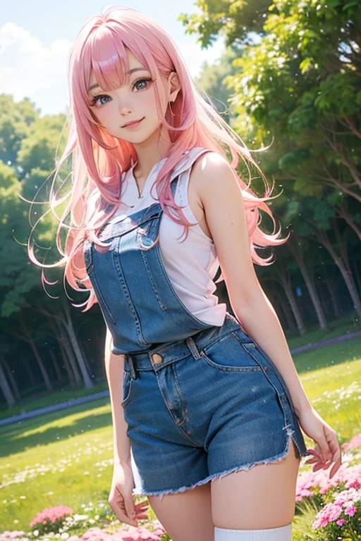 two-dimensional, masterpiece, best quality, Japanese cartoons, Very detailed, 1 girl, alone, cowboy shooting, Nino Nakano, pink hair, butterfly hair accessories, crop top , split, Denim shorts , massive breasts, massive cleavge, huge butt, thck thighs, wide hips, permanent, School, outdoor, Smile,(huge breasts:1.2),wet skin