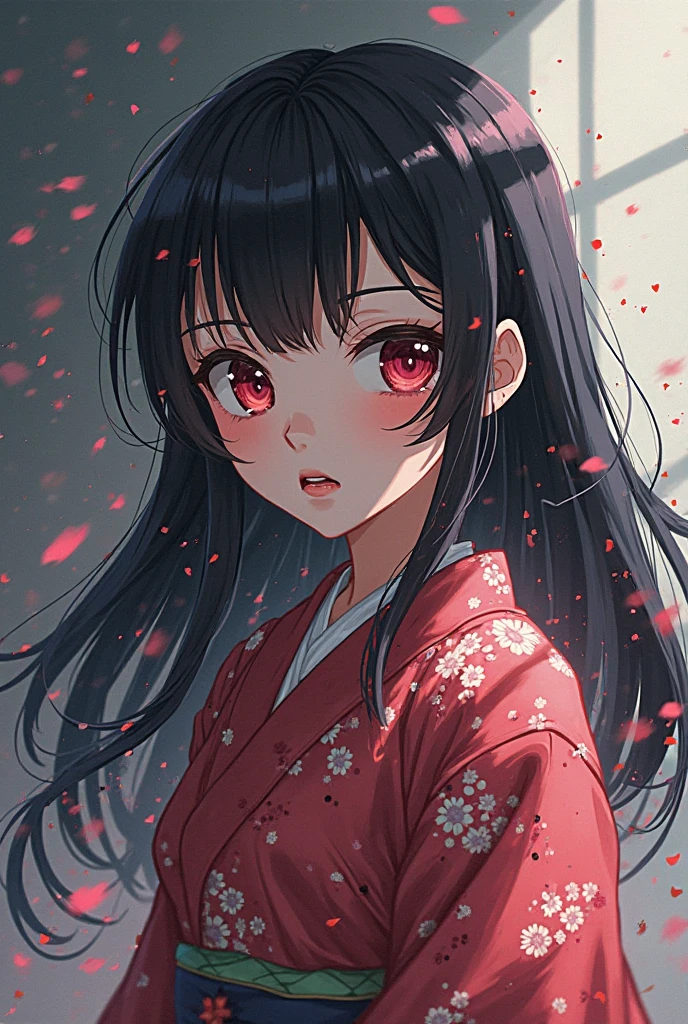Beautiful Japanese supermodel woman, A lock of hair with slight highlights, black eyes, Sexy,street background,Gorgeous kimono , Liquid color flows across her face, Shooting against the light,Perfect facial lighting,mixed media