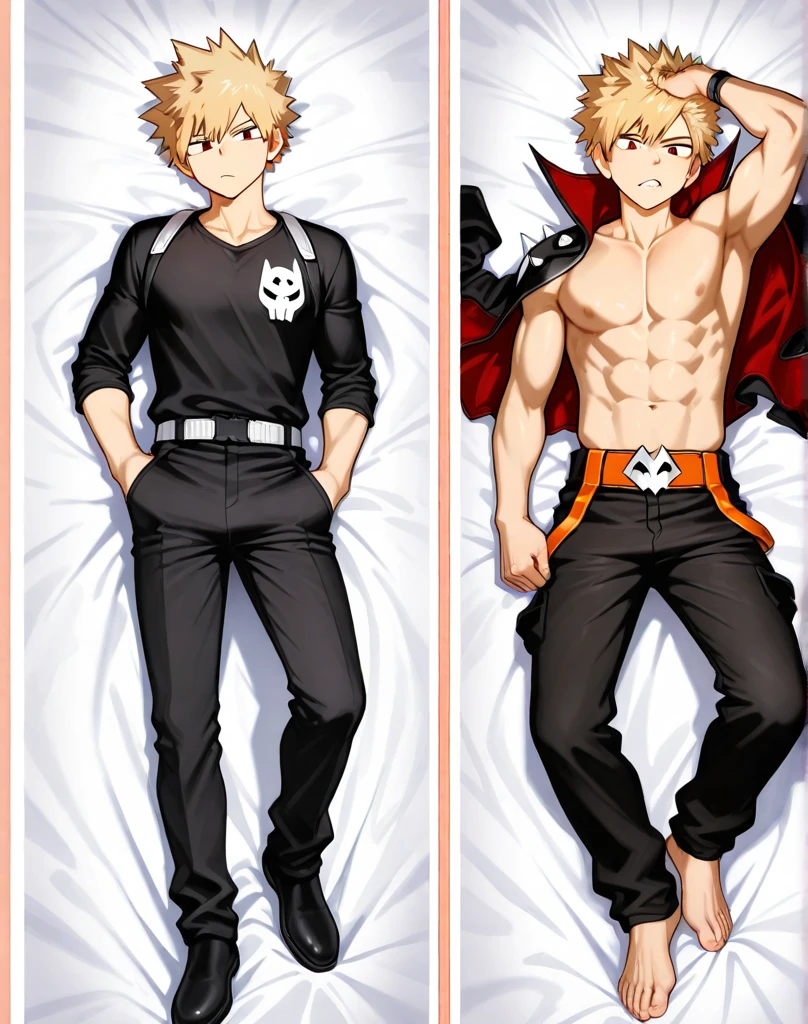 Generate a Naruto Dakimura Pattern. Naruto is lying flat on a white sheet, smiling, and wearing orange boxers.. You can see his belly