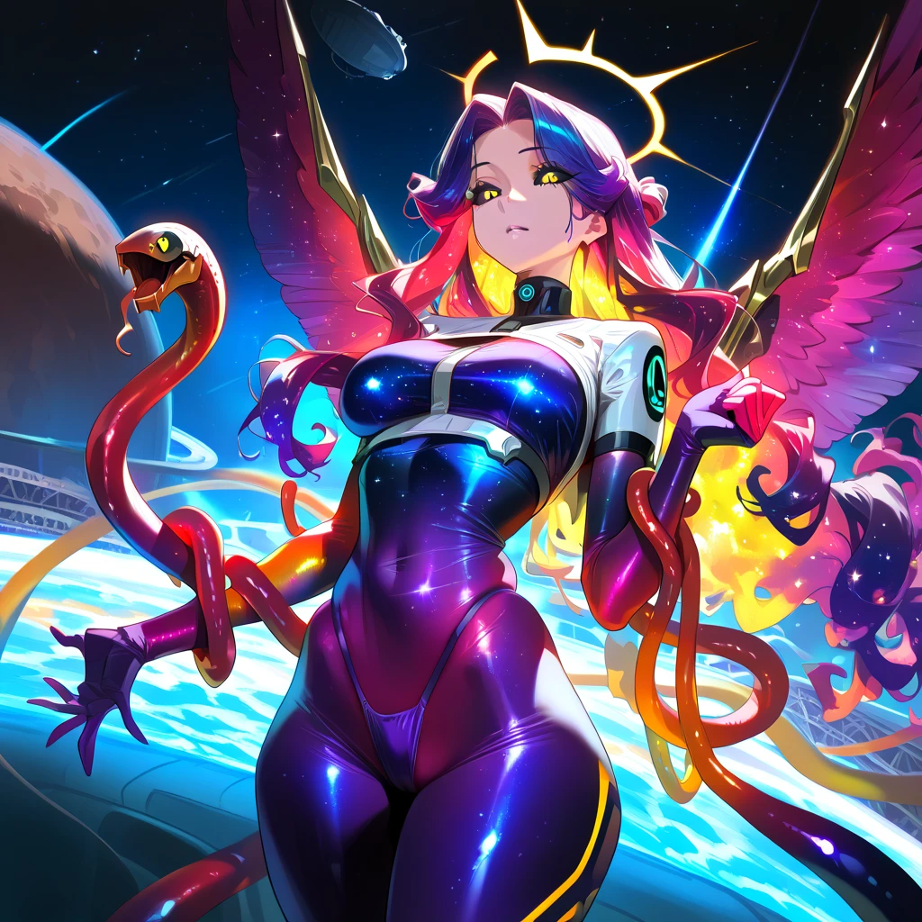((NSFW, , best quality, amazing quality, very aesthetic, extremely detailed, intricate details, minute details, detailed background, dramatic cinematic lighting:1.4,incredibly_absurdres, hard light:1.4, masterpiece 8k, vivid colors, rich palette, score_9, score_8_up, score_7_up,), \(space, stars)\, 1woman, star size, cosmic woman, eldritch abomination, lovecraftian, solo, \(magma skin, red and yellow neon skin, long hair, purple galactic hair, cosmic hair, parted bangs, black sclera, tentacle snakes, cosmic crop top, wings, purple thong, medium breasts, planet size) in space
