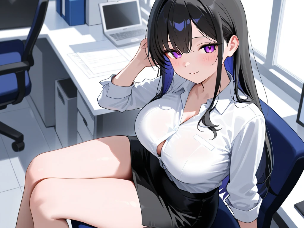 One Girl, solo, ((White shirt)), Black knee socks, Proudly, Cleavage,黒のpanties,pantiesを視聴者に見せつける,Spread your legs wide,脚をLeg spread,pantiesが見えている,足を広げてpantiesを見せる,My shirt is turned up and I can see my bra,Leg spread,Black bra,Big Ass,Large Breasts,Low - Angle,Chair下からのアングル, Cowboy Shot,Low - Angle,Angle from the floor,uniform, officeの背景, Black Skirt, Pleated skirt, Very short skirt,Panty flashing,office,E Cup, Look at the viewers, solo, Thighs ,panties,panties,panties((masterpiece)), Sit on, Chair, desk work, Computer on the desk,in house, blush, Sexy pose