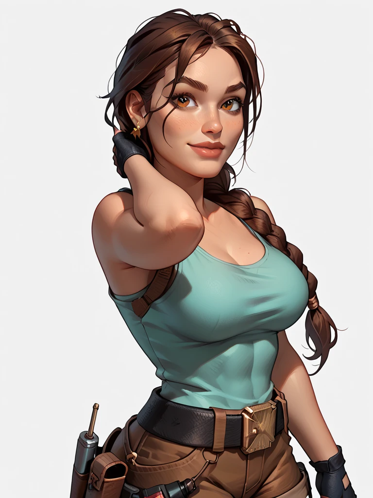 masterpiece, (LaraWaifu:1), brown eyes, masterpiece, (single braid), (tank top, boots, shorts, belt), large breasts, cleavage, in forest, ruins, mountain, running, realistic, realistic lighting, naughty smile, thick thighs, <lora:laraCroftTombRaiderBy_v10:0.7>