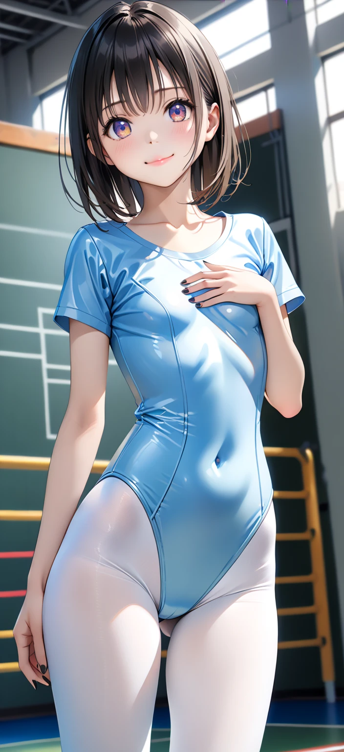 (masterpiece,Highest quality:1.3,best quality illustration,realistic),cowboy shot,1woman,25 year old Japanese beauty,((very small head:1.3)),(short bob brown hair),bangs,brown eyes,gorgeous eyes,blush,tears,medium breasts,(((very long body:1.5))),((toned body,slender body:1.3,skinny)),topless,nipples,navel,((Dark blue sports shorts)),gleaming skin,shiny skin,(sweat:1.3),standing,arms behind back,locker room,Arena、Tokyo、