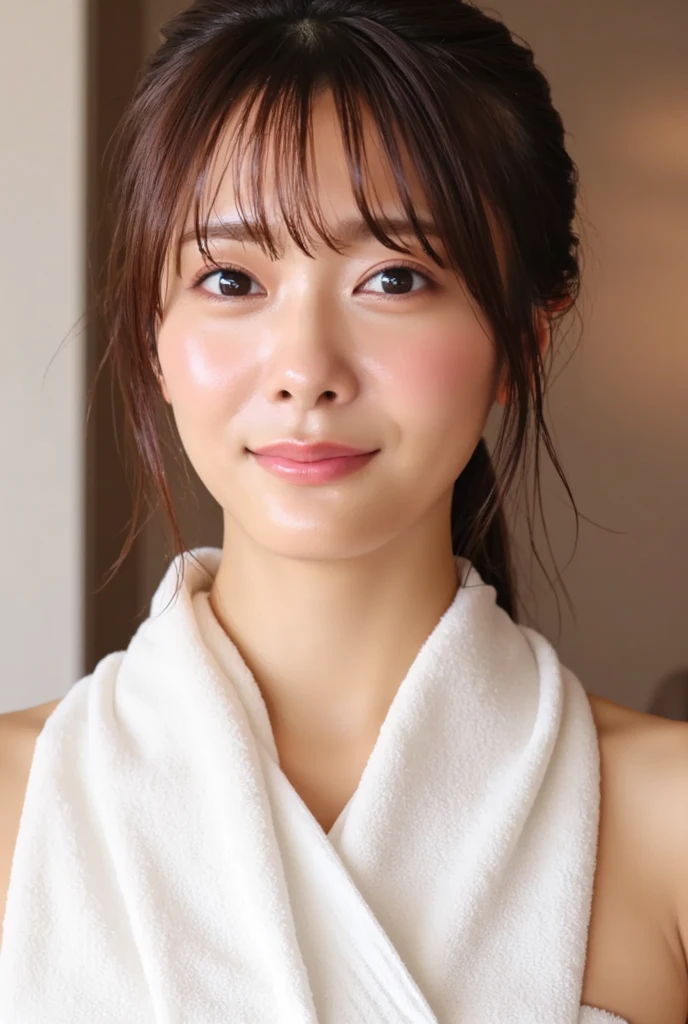 Masseter Film, highest quality, masterpiece, High resolution, realism, Original photo, 8k wallpaper, perfection, Professional Lighting, Very detailed, Written boundary depth, ((Beautiful woman)), ((Sexy 40 year old women)),, ((smile)), Detailed face, Beautiful Eyes,, bangs, She has big breasts and a nice figure, (sexy look), ponytail, (Thick lips), Raise your arms,After bathing,Wrap yourself in a bath towel,Washroom