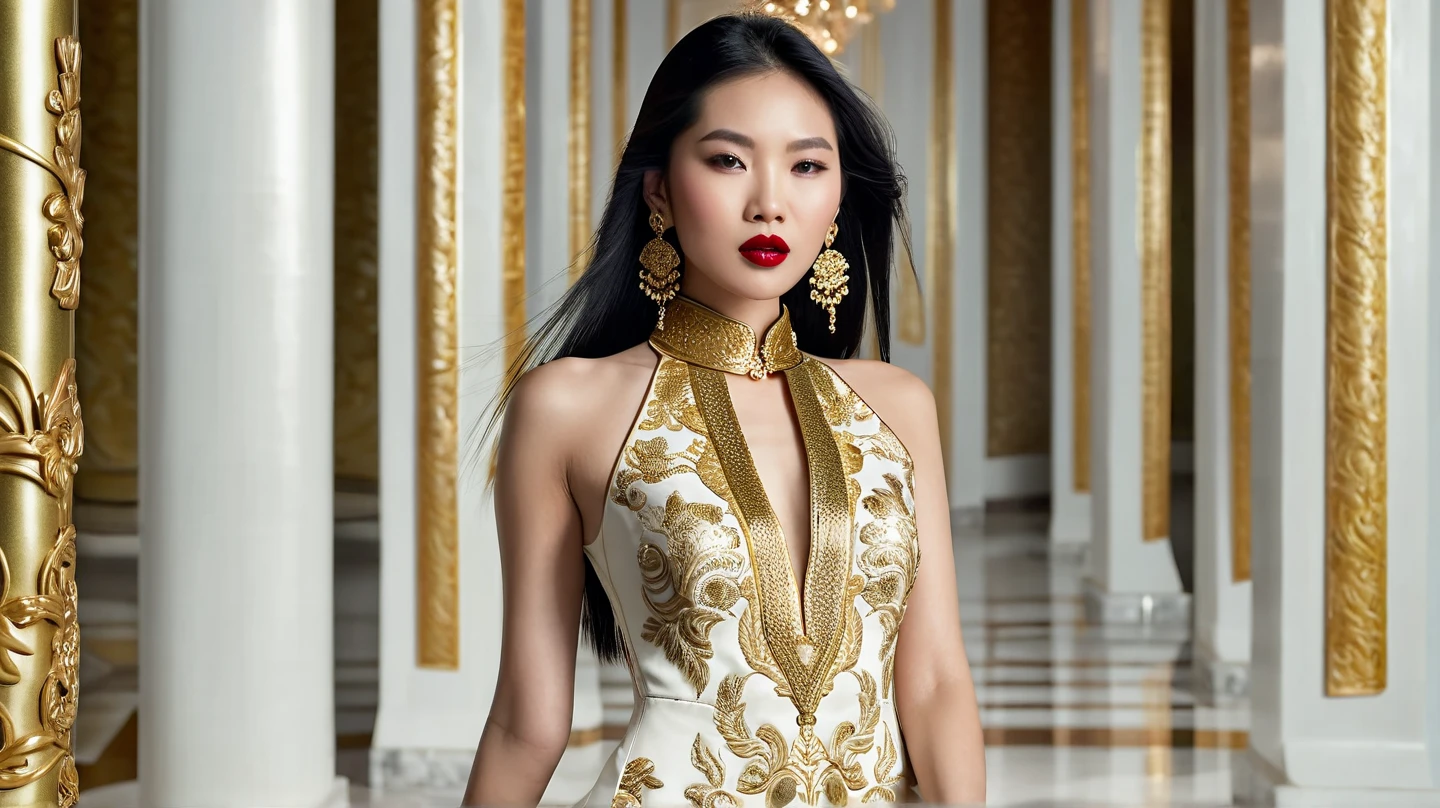a lady goddess in extreme glamorous extravaganza evening dress, solid metallic-black high fashion dress, high collar haute couture luminescent, royal necklace, elegant royal head-dress, long-black hair, standing, high pose, high heel, chakra-golden rays surrounded, mystical aura, ethereal, nature element, massive-smoke in background, dark moon, perfect hand, perfect fingers, unreal engine, cinema art photographic, cinematic motion picture, 8k, super detailed, bottom view, bottom camera angle,