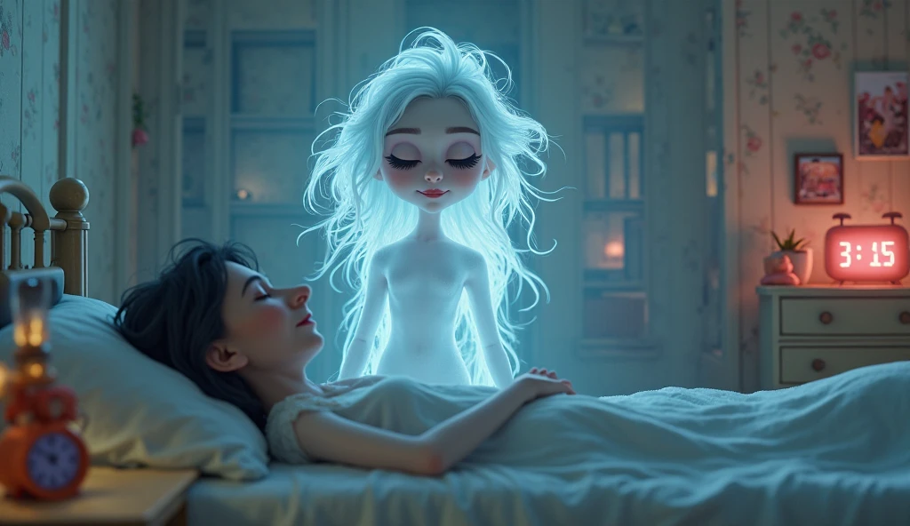 a person unfolding in their room, body sleeping spiritually, extraphysical bilocation, transcendental energy, body in astral projection, magical energy, mystical energy, detailed realistic portrait, intricate detailed human face, beautiful detailed eyes, beautiful detailed lips, extremely detailed face, long eyelashes, ethereal, surreal, dreamlike, glowing aura, radiant energy, ambient lighting, vibrant colors, mystical atmosphere, cinematic composition, digital art, octane render, unreal engine