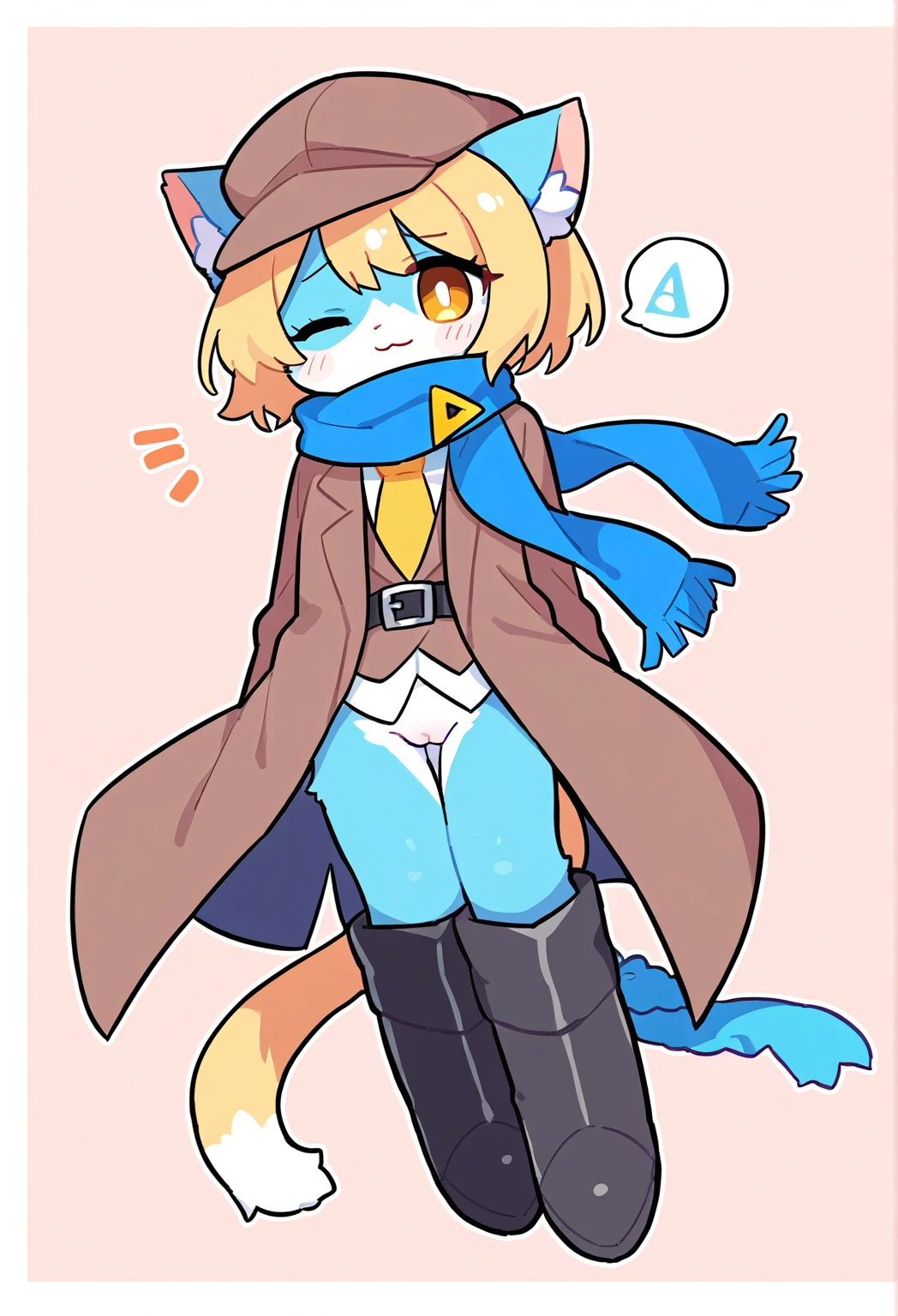 full body, 1girl, melusine, blue skin, orange eyes, curly ears, stubby tail, smile, blush,nude, looking at viewer, standing, waving, leaning forward,long hair,