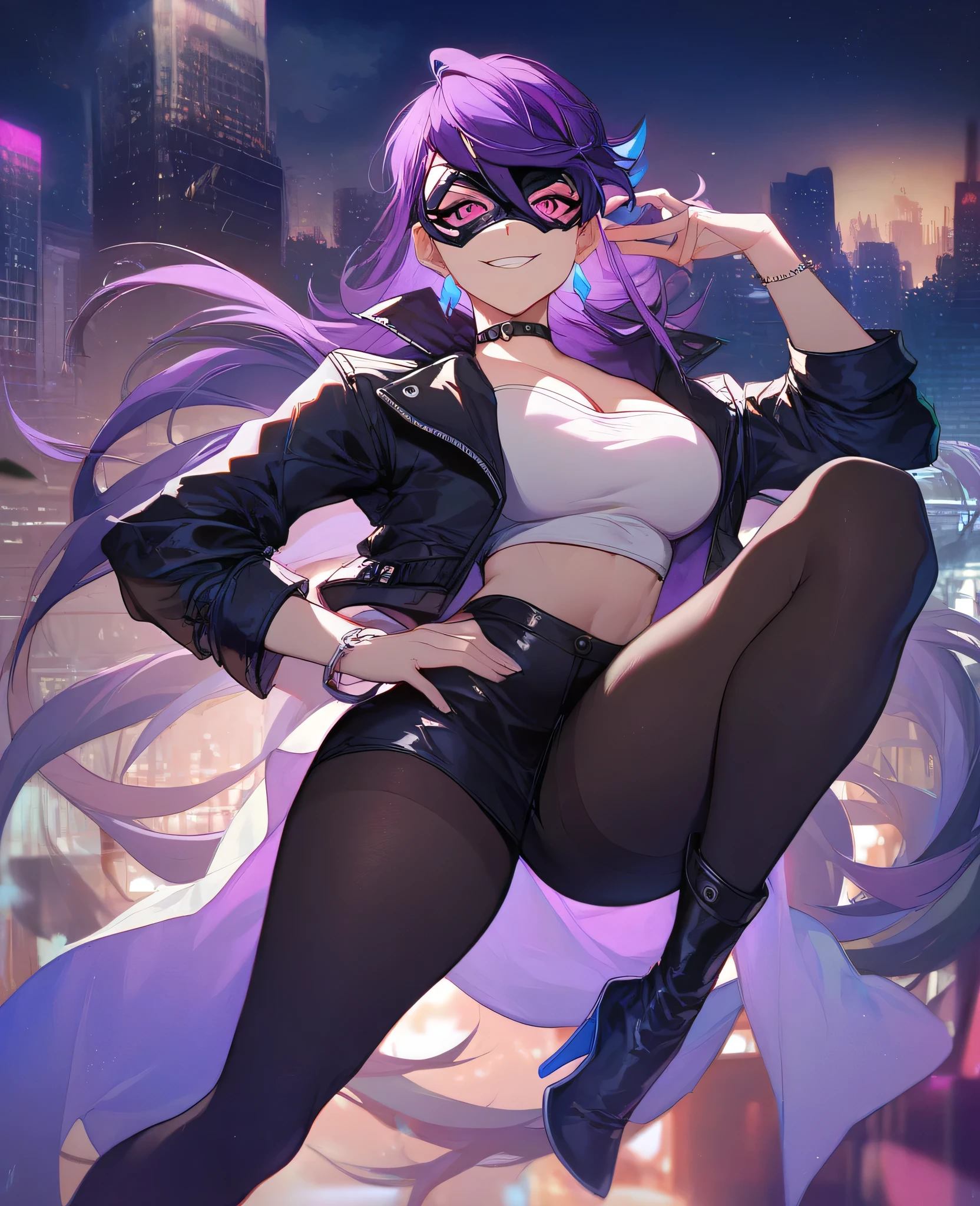 Ruri_kurosaki, wearing purple and black jacket, exposed white strapless bralette top, breasts, open jacket, wearing black tight leggings, white heeled boots, night, city, smirk, pink eyes, long purple hair, 1girl, solo, bracelet, mask like a dragon's head covering her face,